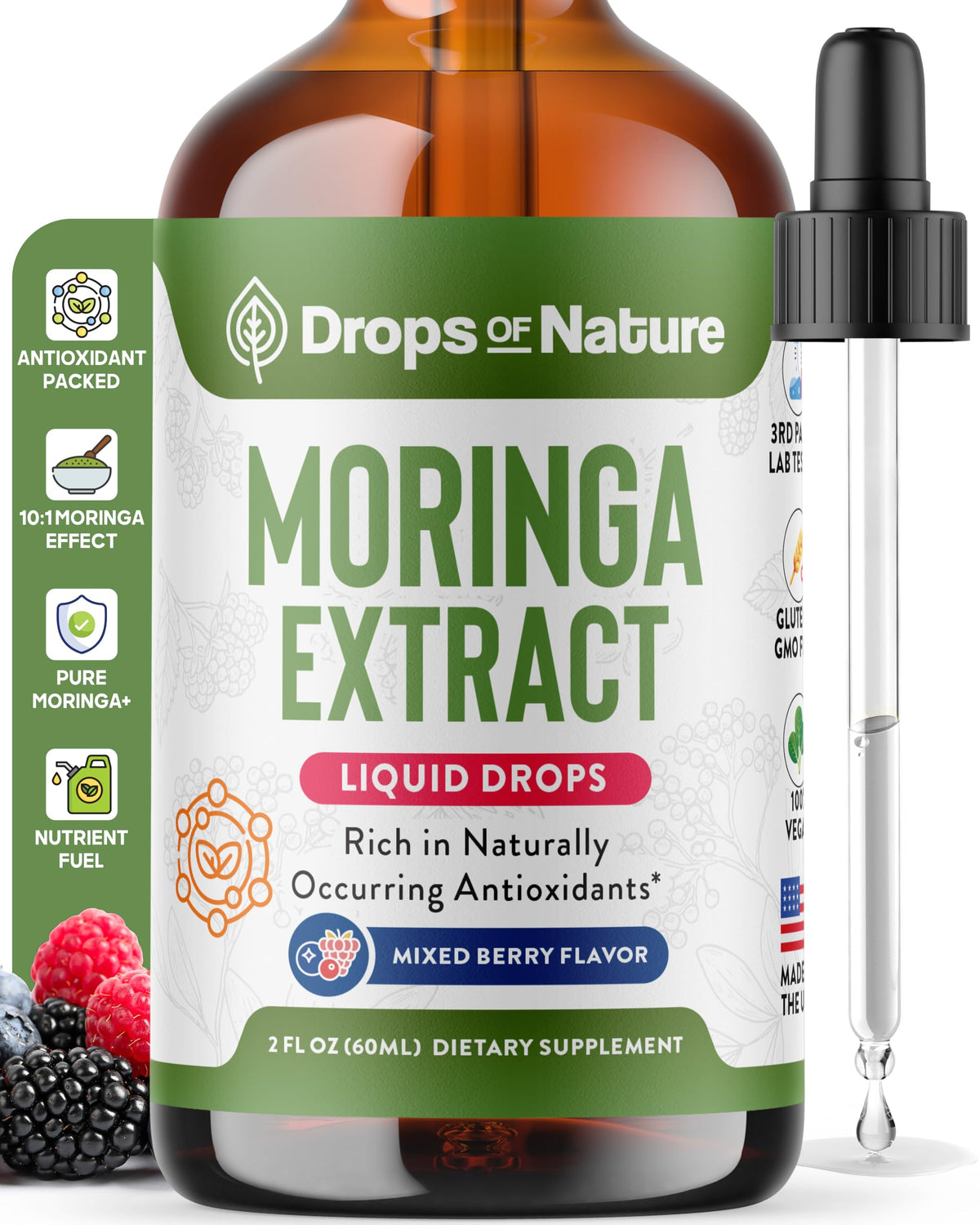 Moringa Liquid Drops bottle with mixed berry flavor label