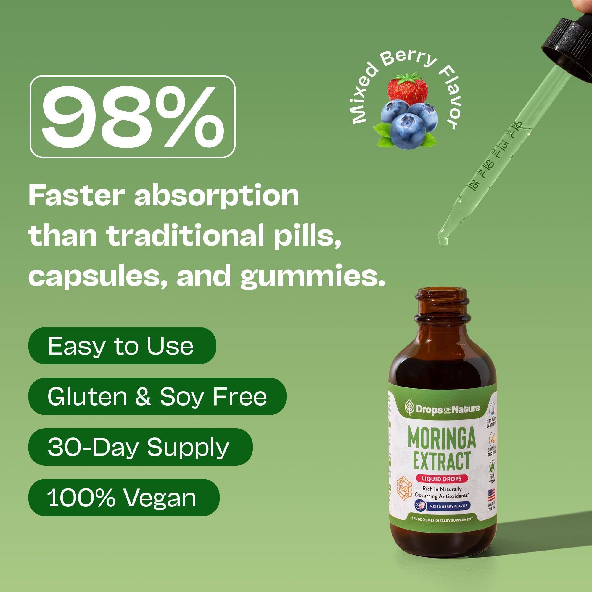 Front view of the Moringa Liquid Drops 60 mL bottle