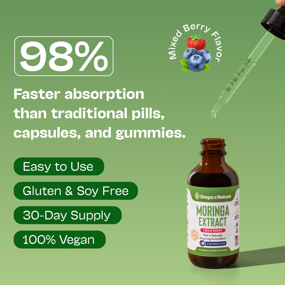 Front view of the Moringa Liquid Drops 60 mL bottle