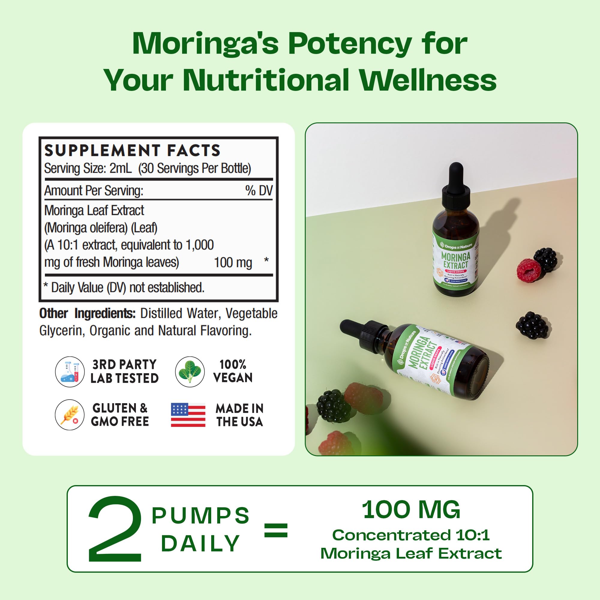 Serving suggestion: moringa drops added to tea or beverage