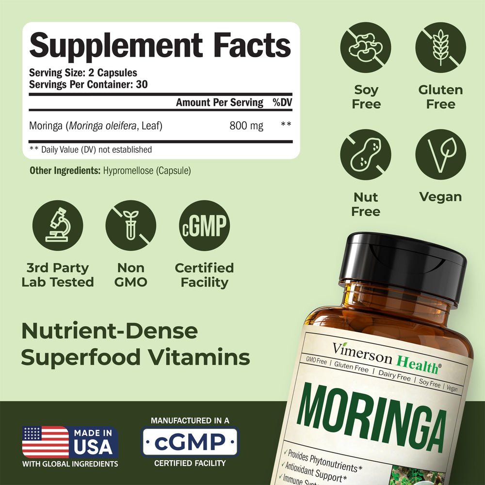 Graphic showing 800mg Moringa Oleifera per serving