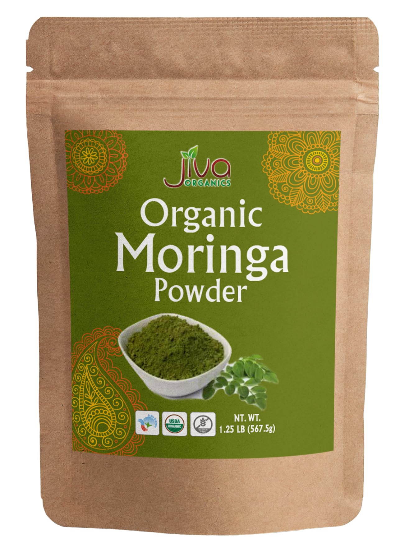 Front view of Jiva Organics Moringa Powder 1.25 lb bulk bag