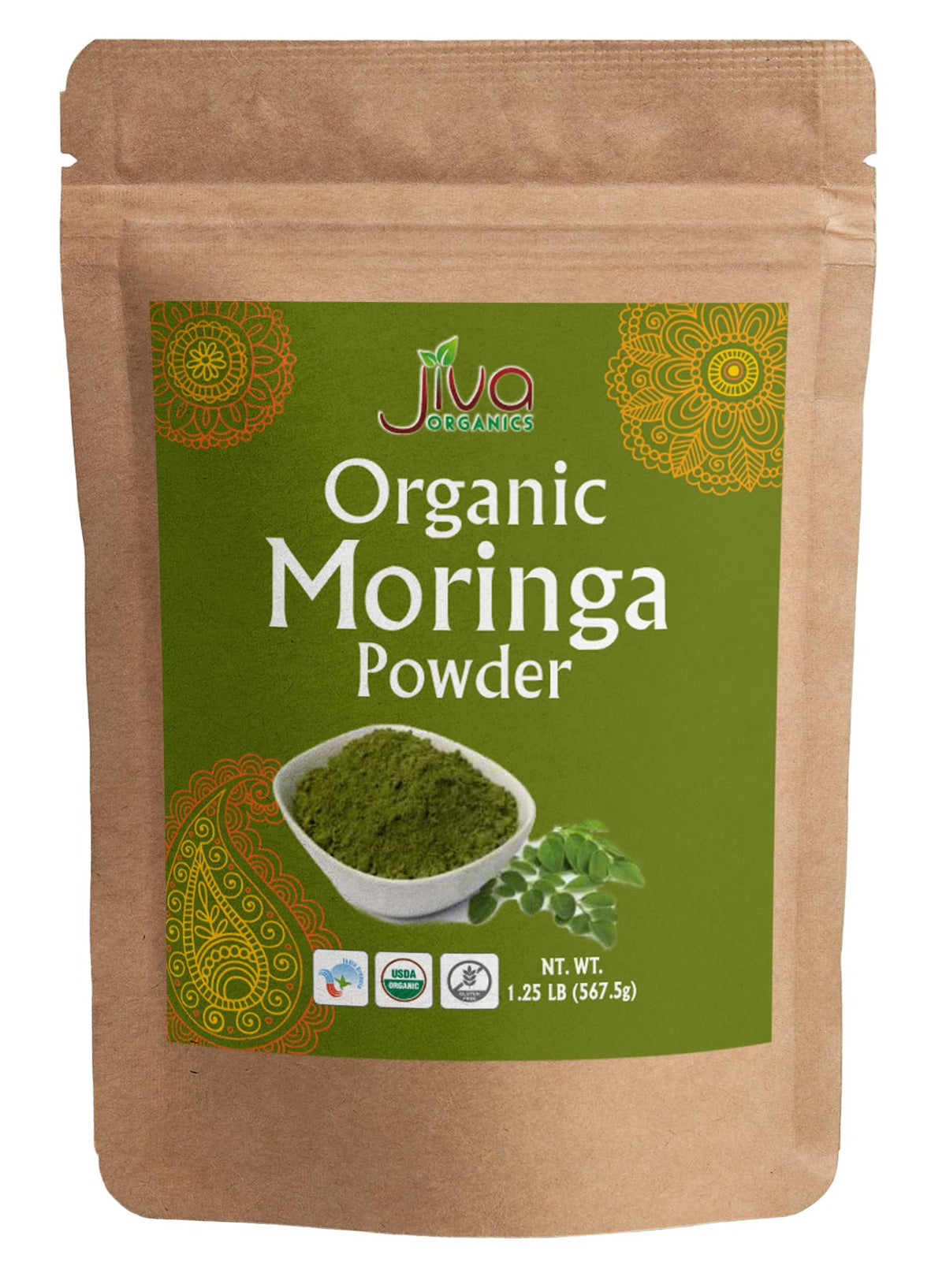 Front view of Jiva Organics Moringa Powder 1.25 lb bulk bag