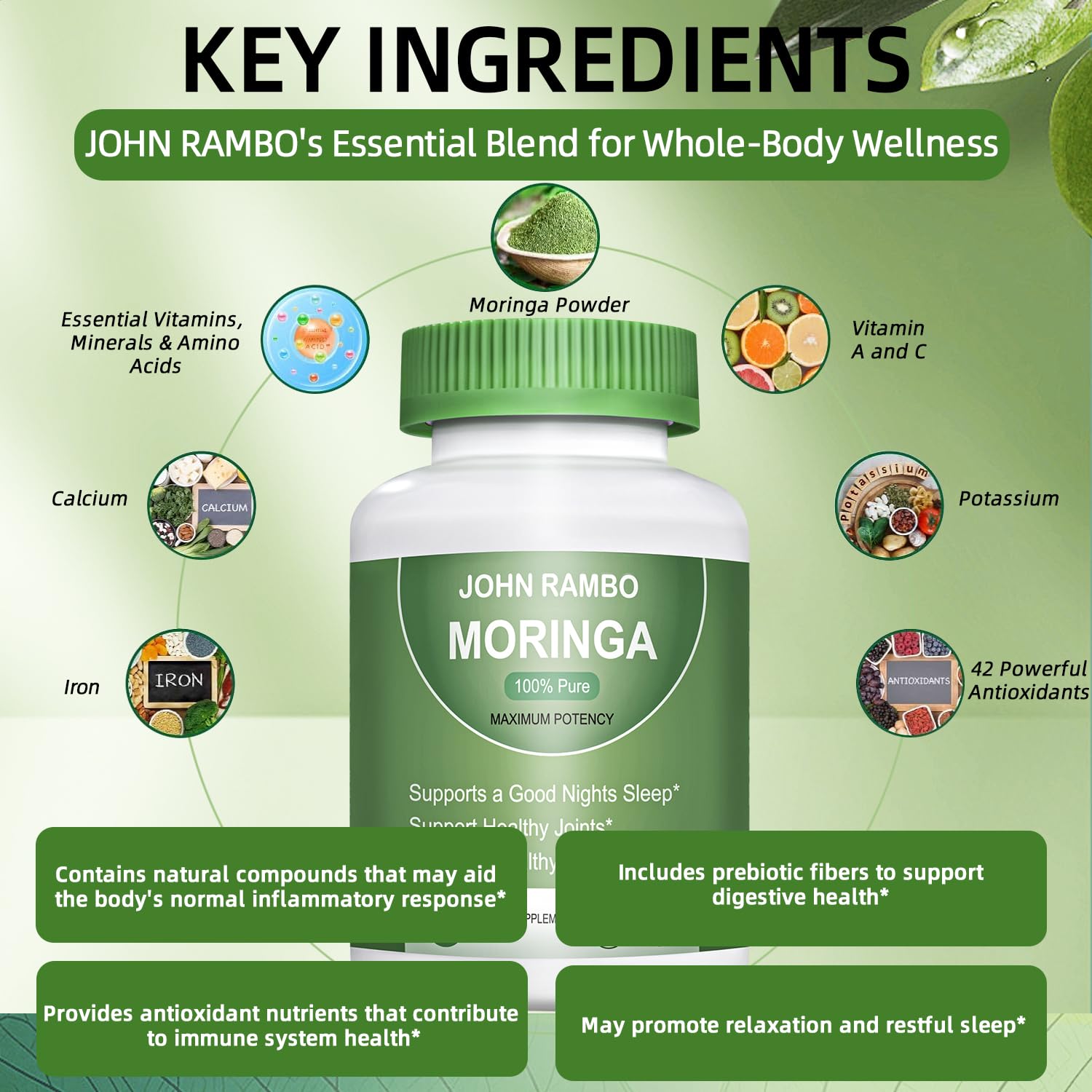 Bottle label highlighting non-GMO, vegan, gluten-free information