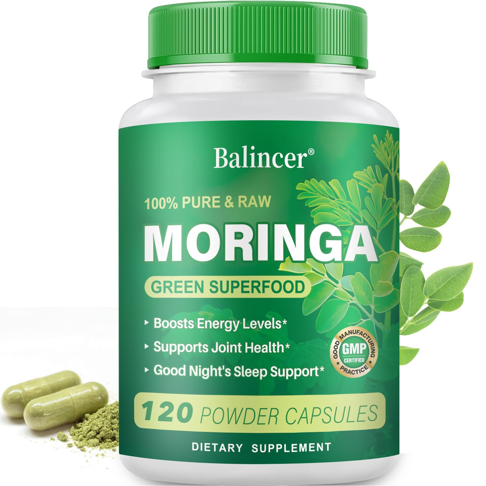 Bottle of Moringa Powder Capsules - 120 vegan capsules