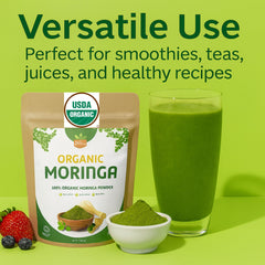 Moringa powder being added to a smoothie