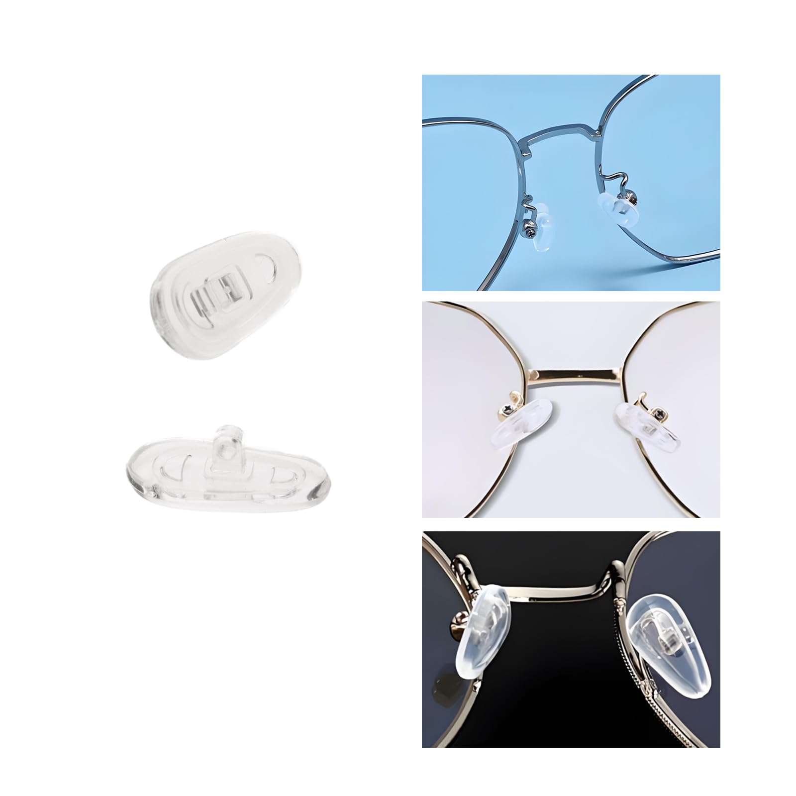 Kit view: 10 pairs of 7x14mm clear silicone nose pads and screws