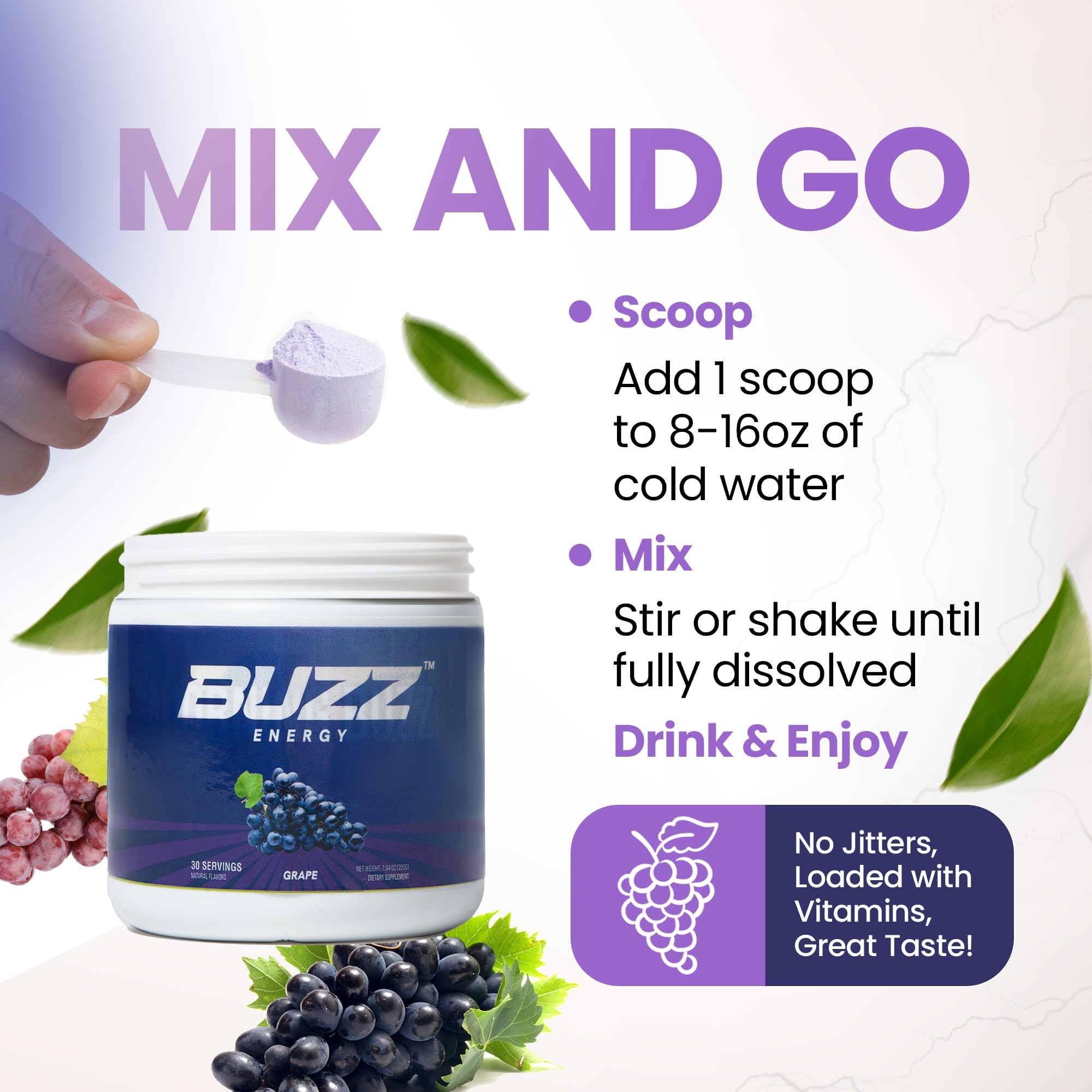 Morning Buzz Energy Powder glass 8oz water mix shows quick hydration and energy on the go