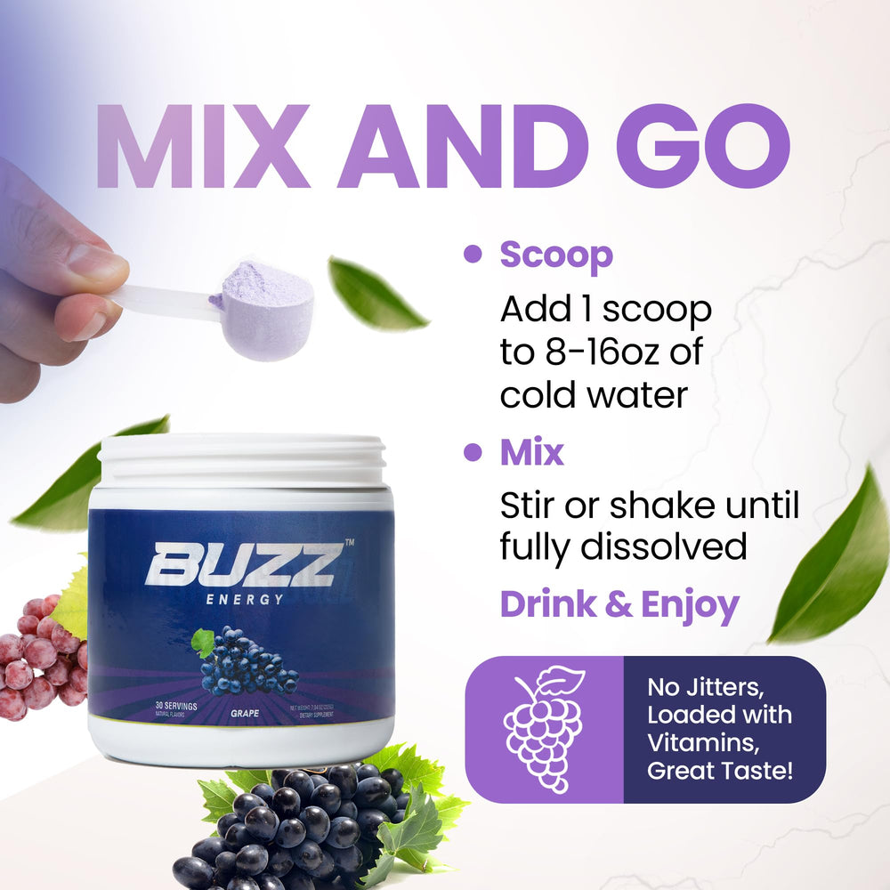 Morning Buzz Energy Powder glass 8oz water mix shows quick hydration and energy on the go