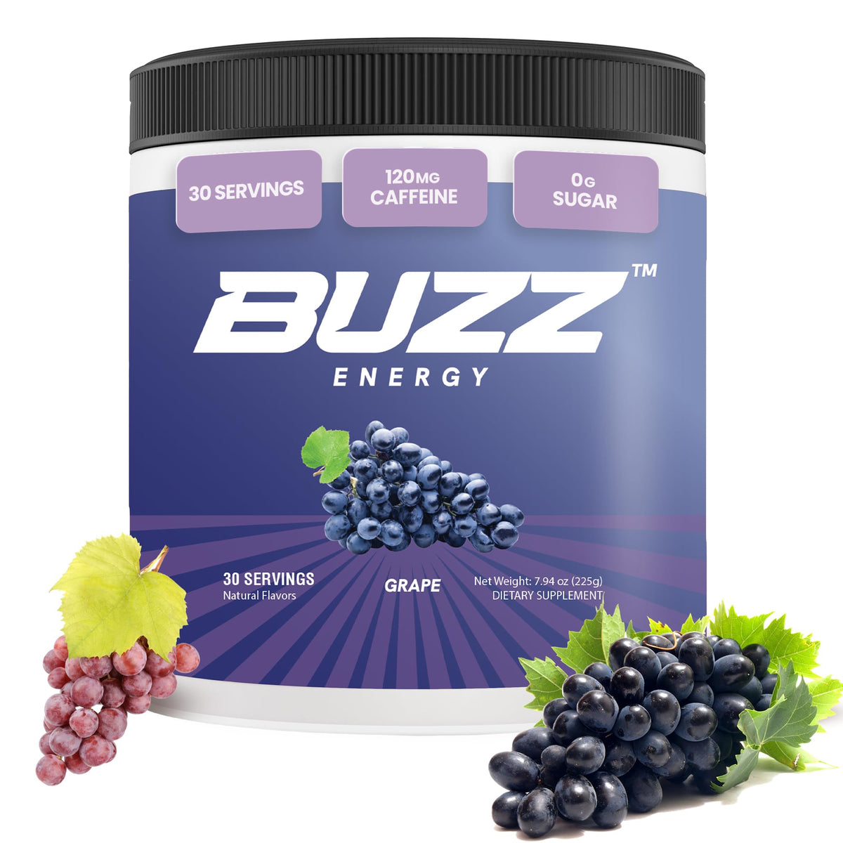 Morning Buzz Energy Powder grape tub closeup for a refreshing morning energy boost
