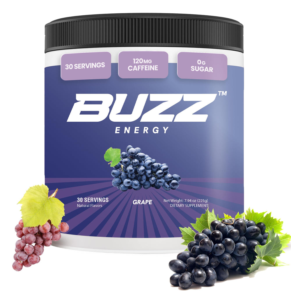 Morning Buzz Energy Powder grape tub closeup for a refreshing morning energy boost