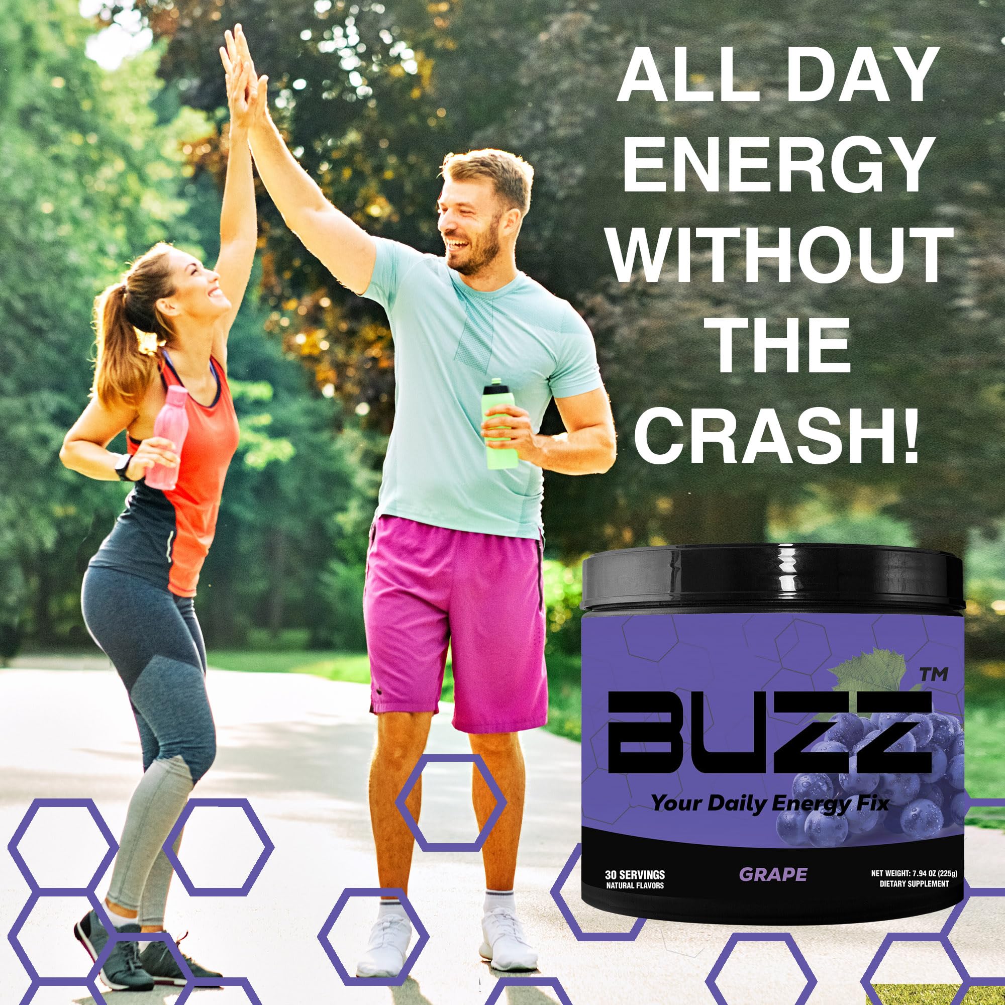 Morning Buzz Energy Powder smooth pour into glass emphasizes easy preparation