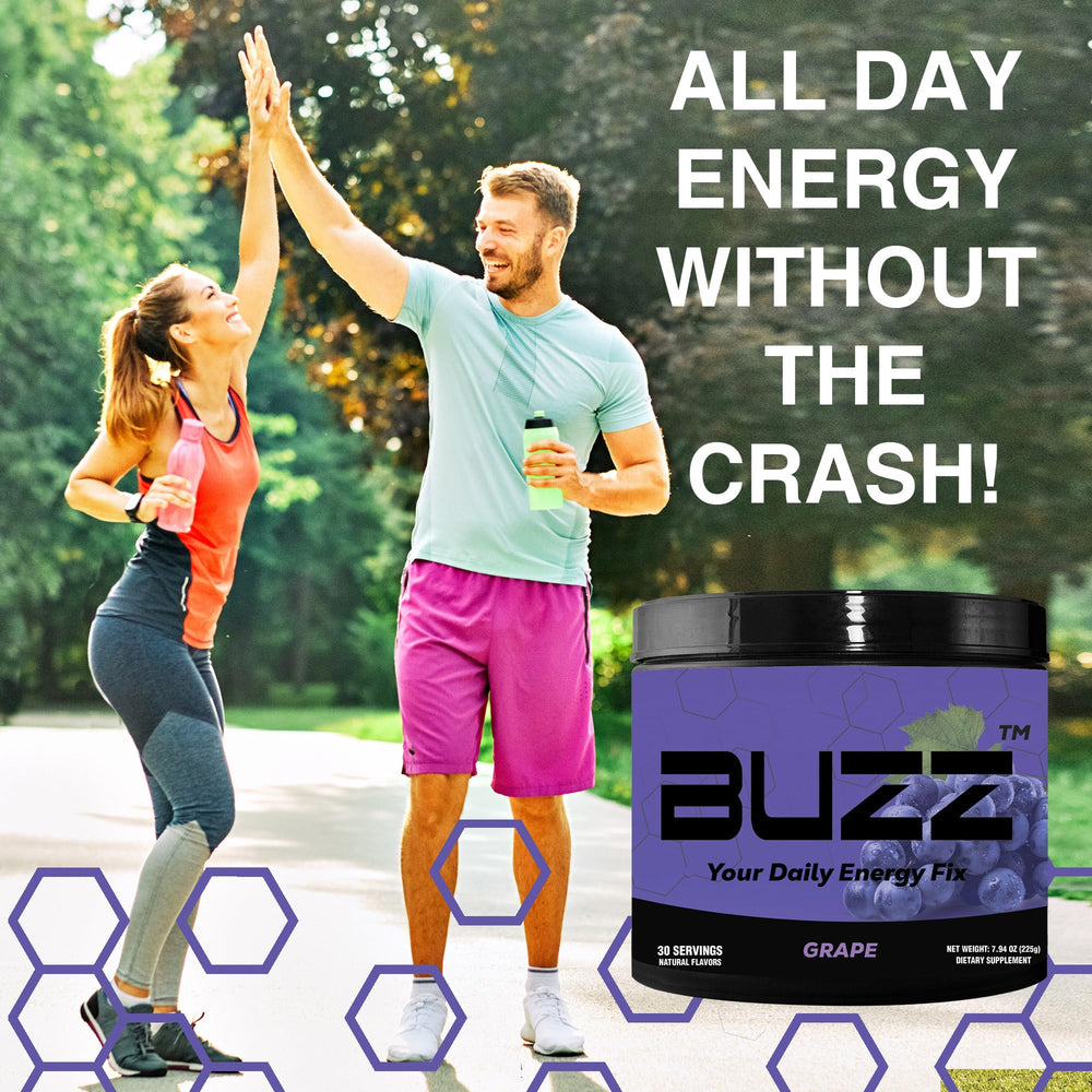 Morning Buzz Energy Powder smooth pour into glass emphasizes easy preparation