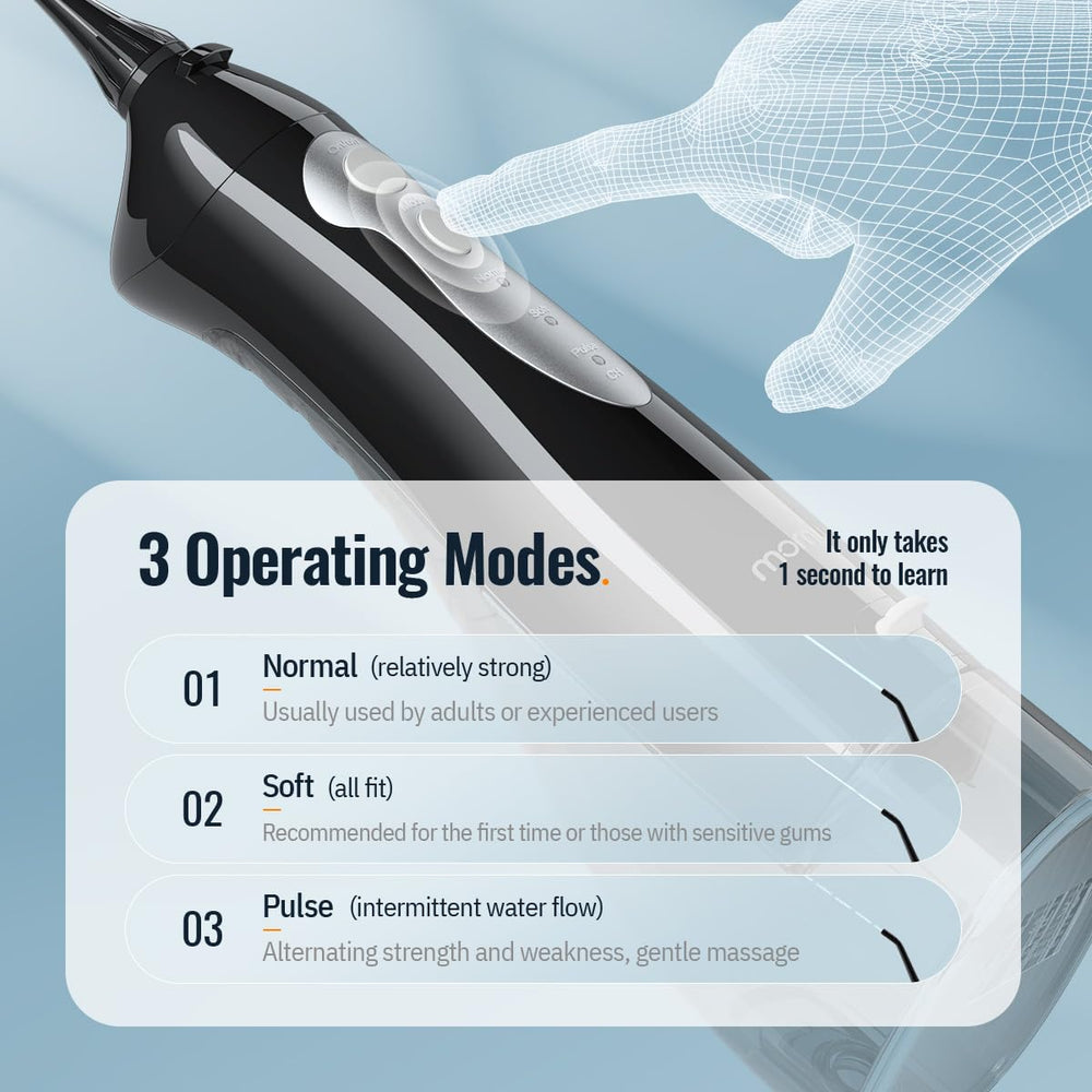 Mornwell Water Flosser showing three cleaning modes: Normal Soft Pulse