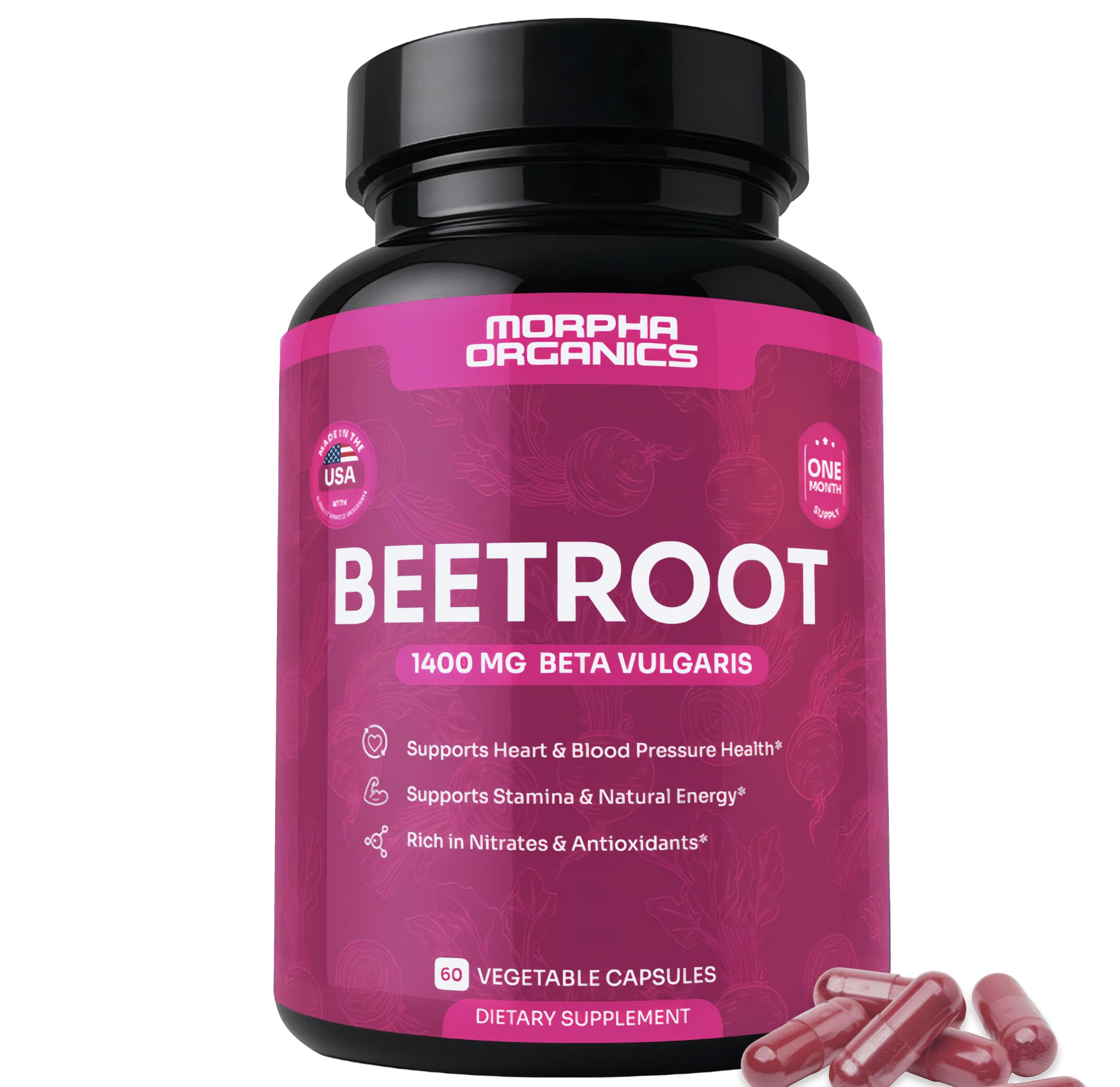Morpha Organics Beet Root Capsules bottle front promotes clean energy support