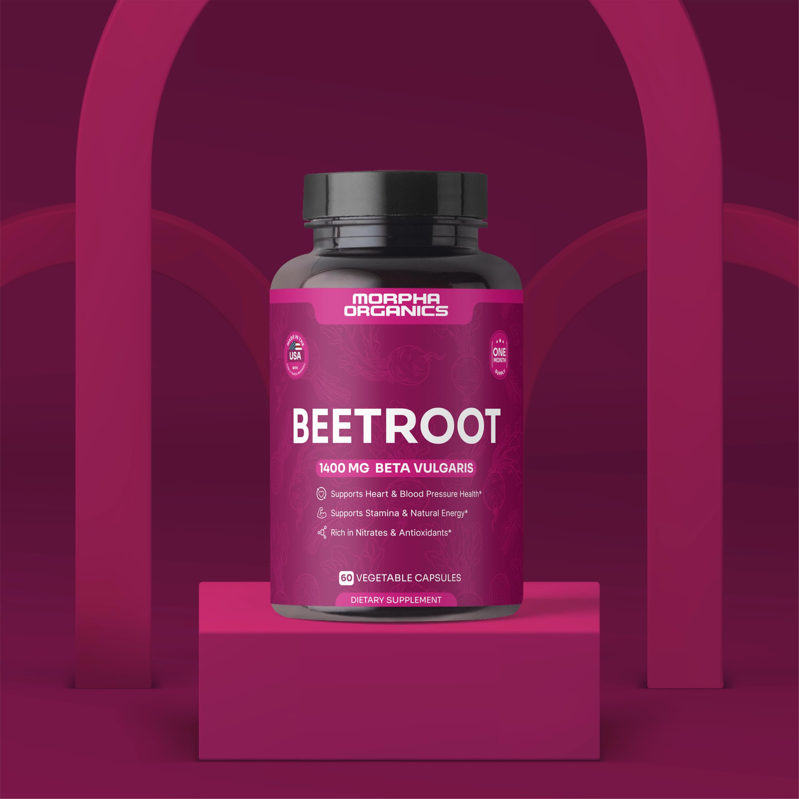 Morpha Organics Beet Root Capsules in kitchen setting illustrate caffeine-free energy for busy days