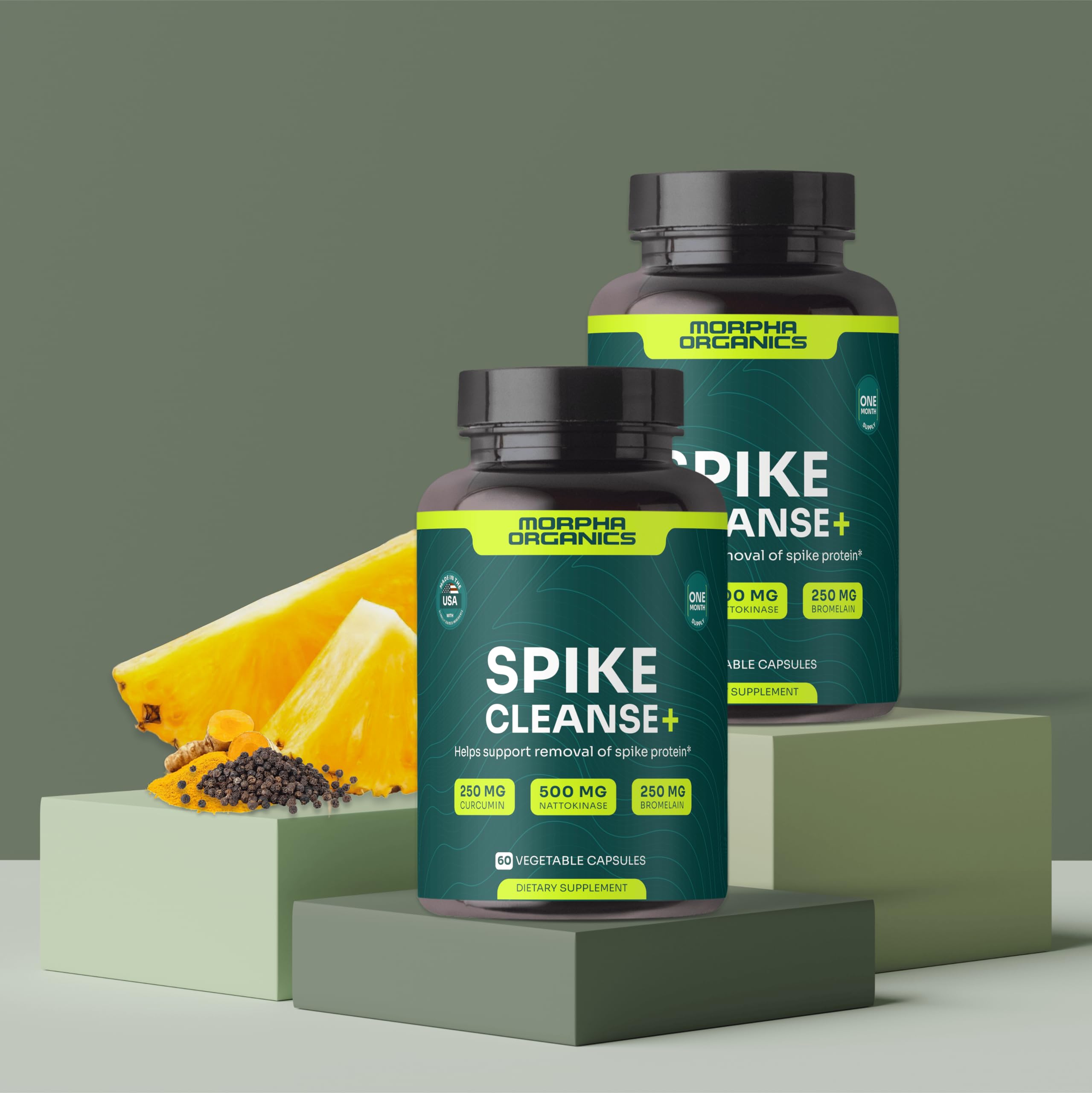 Morpha Organics Spike Protein Detox vegan-non-gmo badge signals inclusive, plant-based wellness.