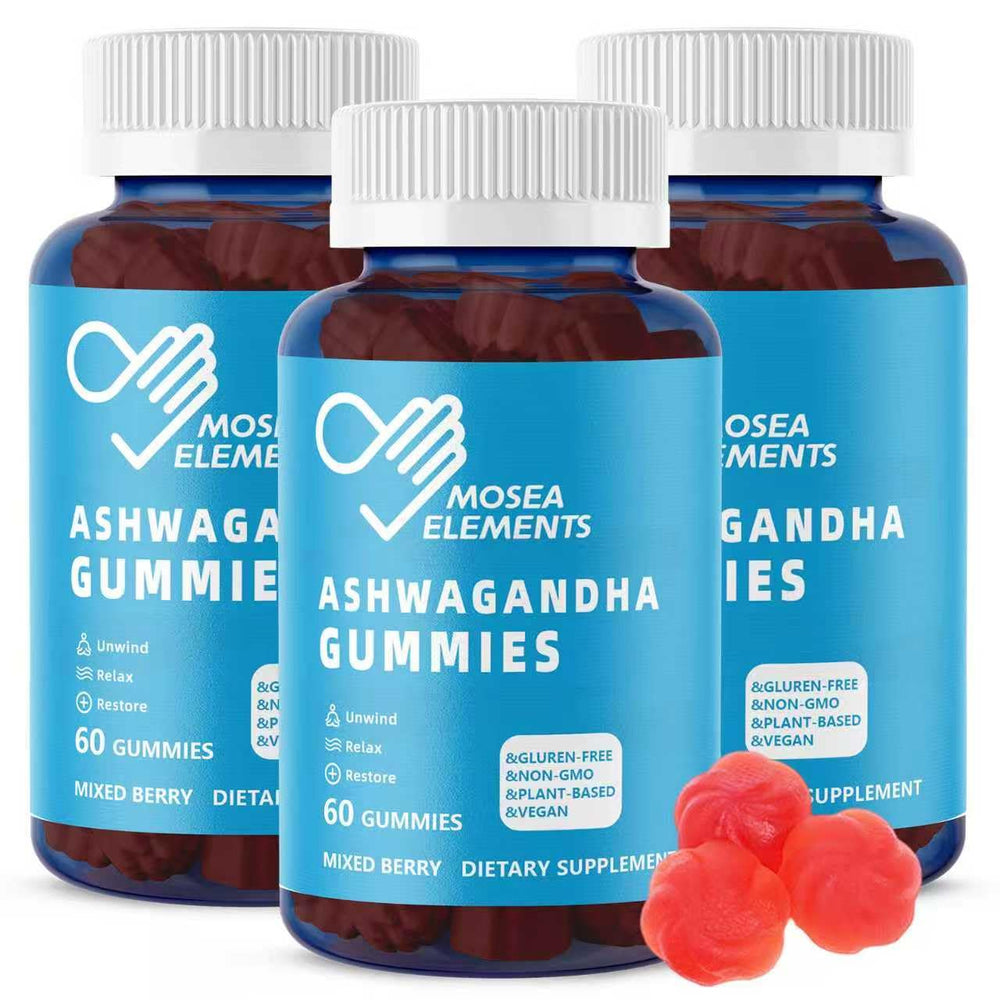 MOSEA Elements Ashwagandha Gummies 3 Pack bottle with berry flavor