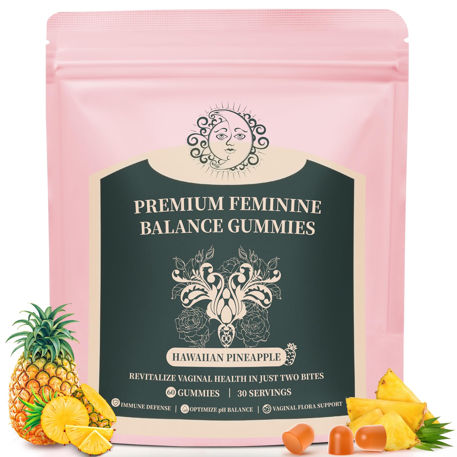 Mosslly Feminine Balance Gummies bottle – pineapple flavor on white background