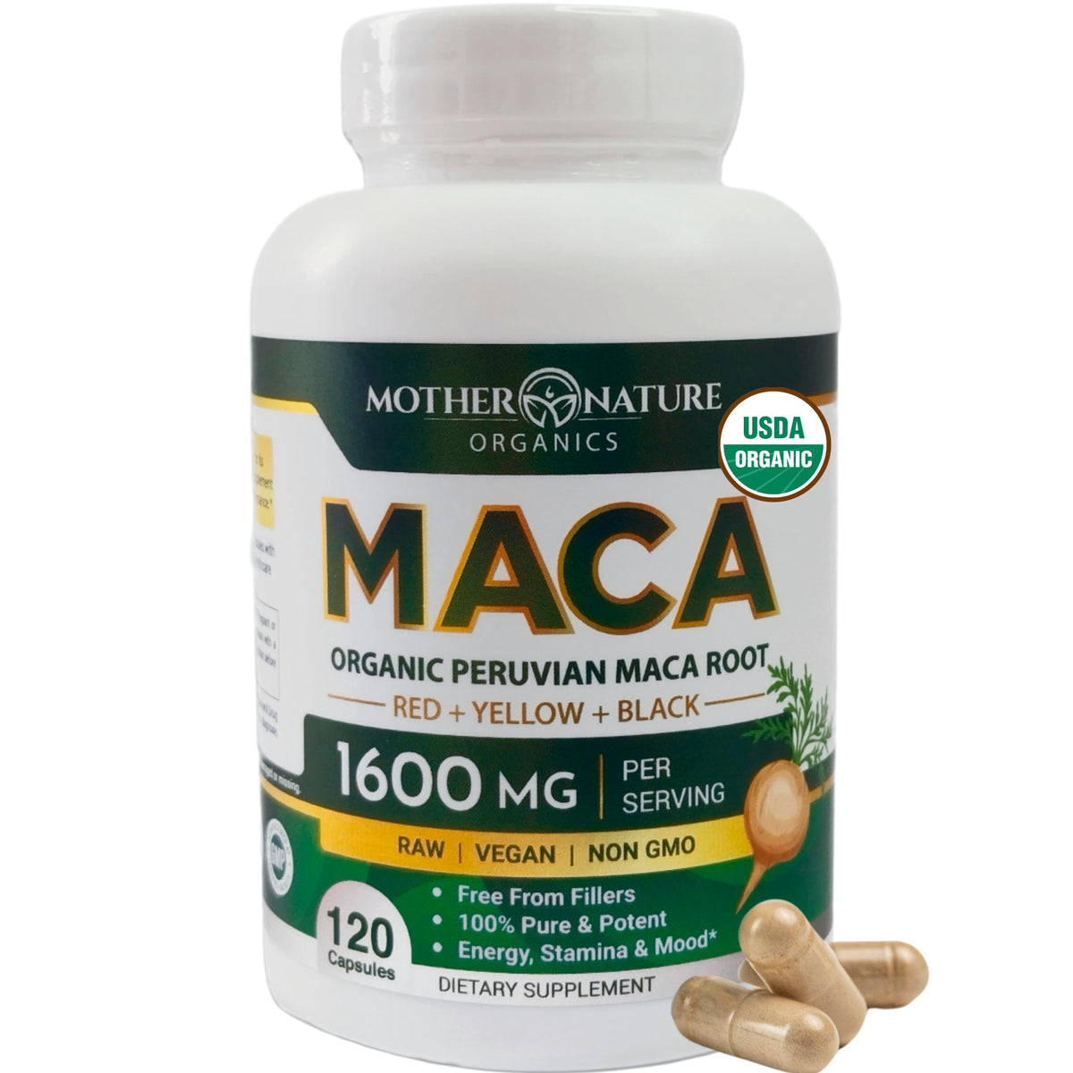 Mother Nature Organic Maca Root Capsules bottle with 120 vegan capsules
