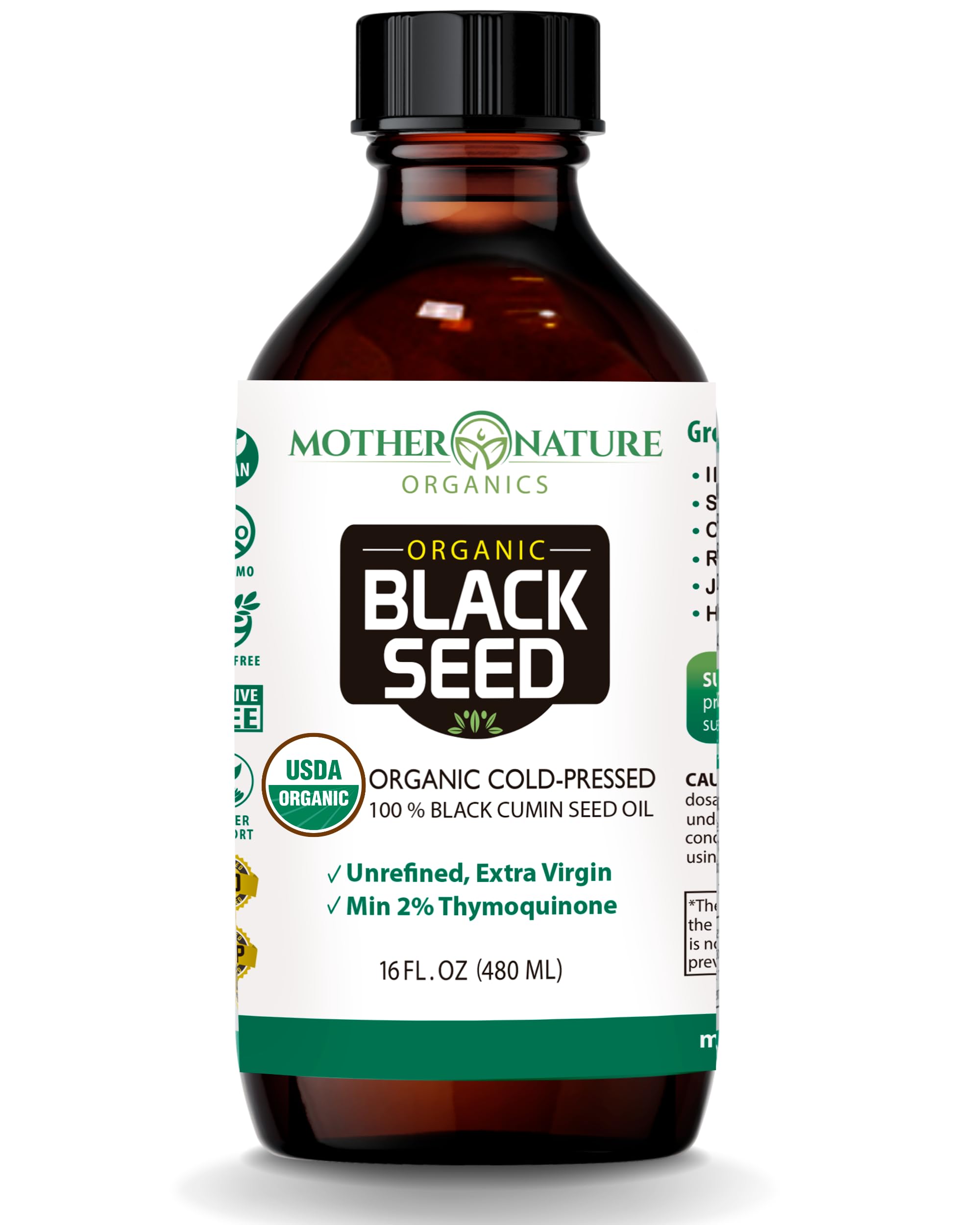 Front view of Mother Nature USDA Organic Black Seed Oil 16oz bottle
