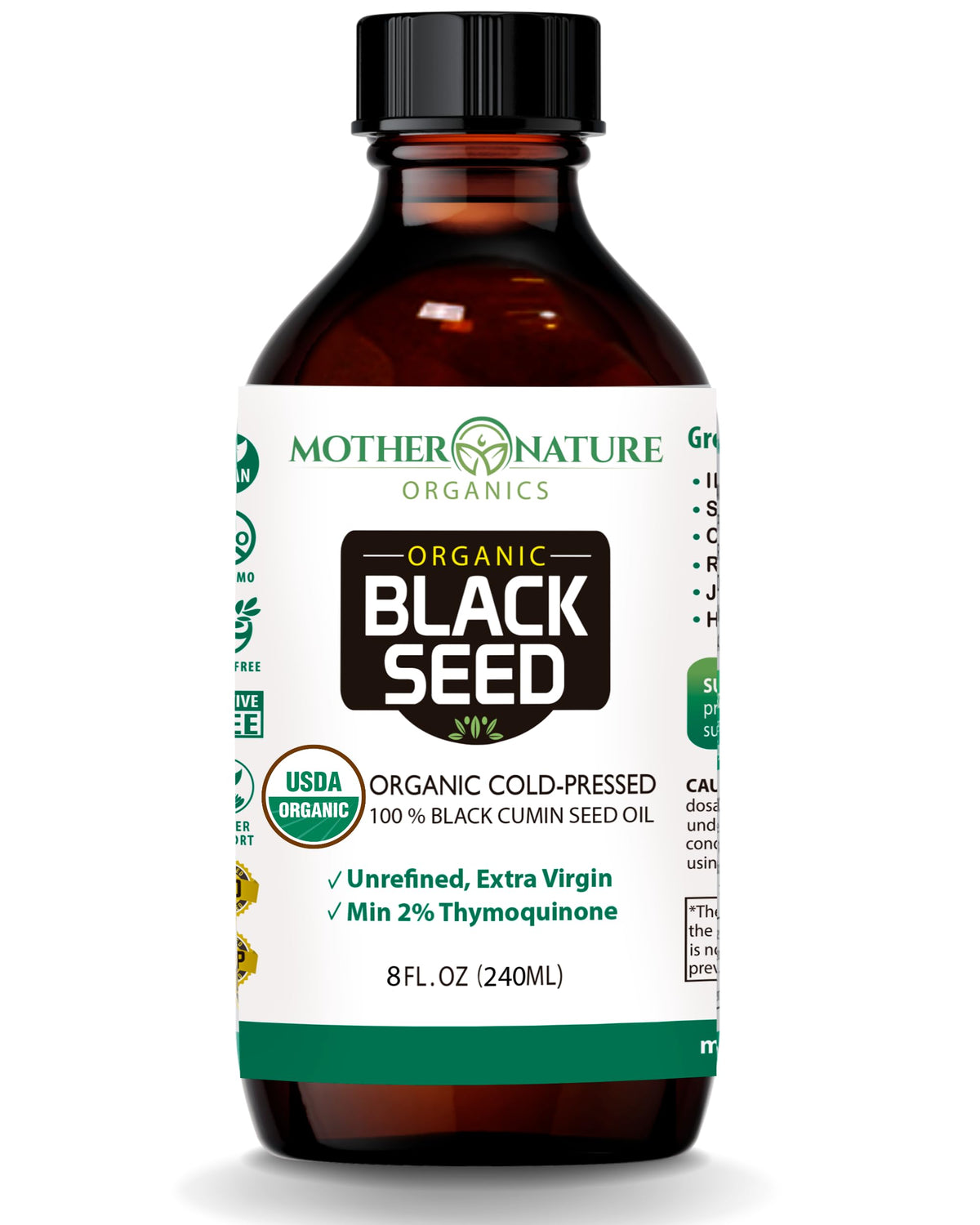 Mother Nature Organic Black Seed Oil 8oz glass bottle hero image