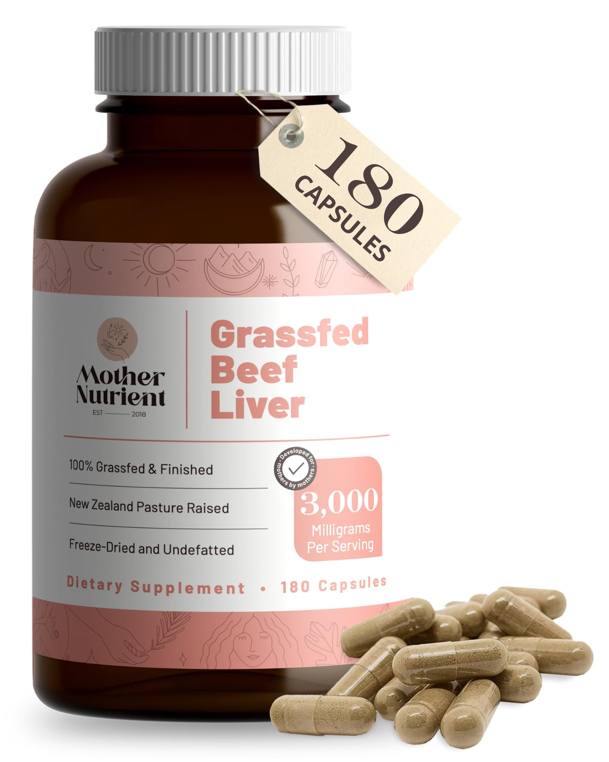 Bottle of Mother Nutrient grass-fed beef liver capsules