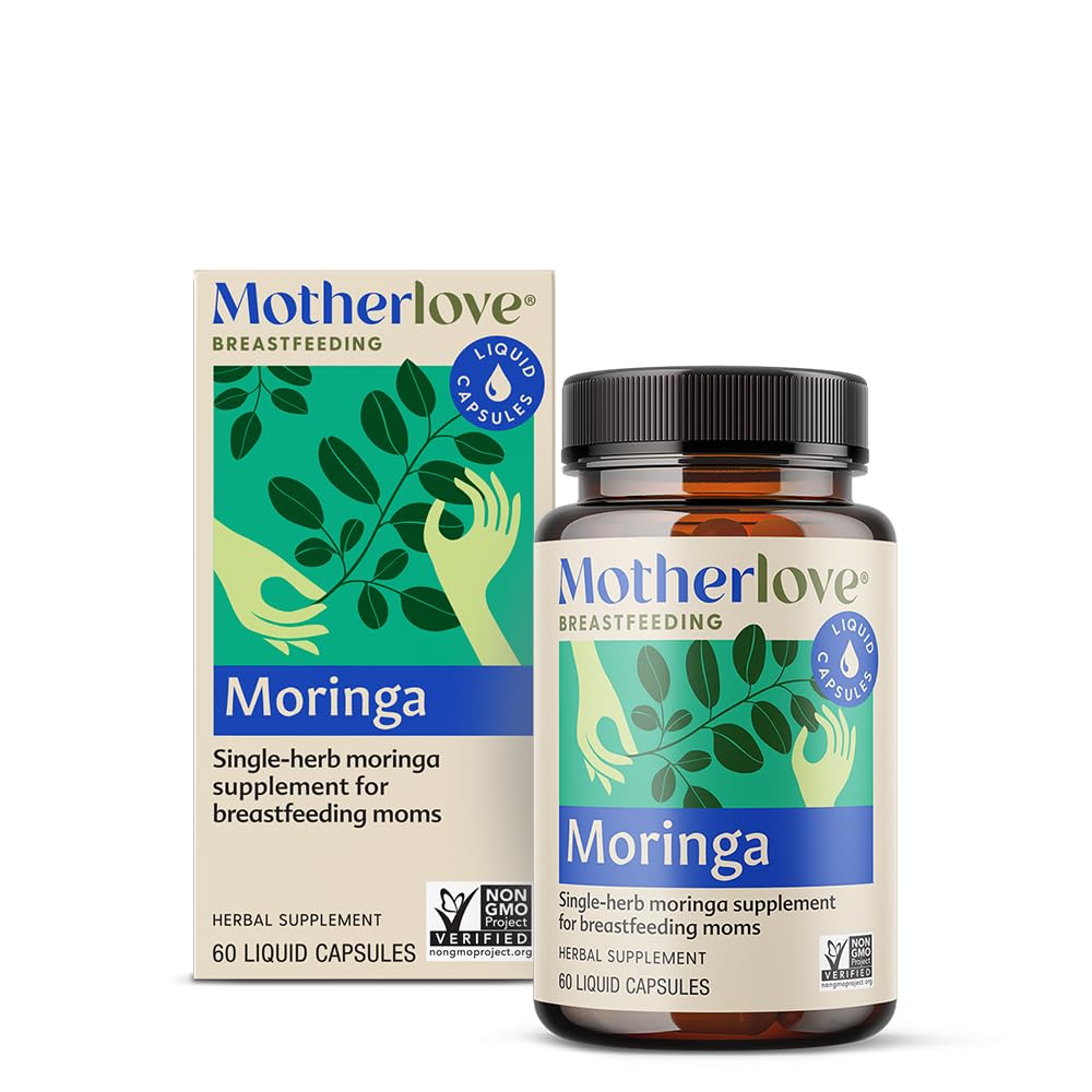Front view of Motherlove Moringa lactation supplement bottle with 60 liquid capsules