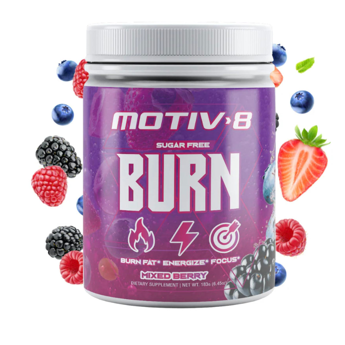 Motiv-8 Pre-Workout tub label with mixed berries flavor and sugar-free energy boost.