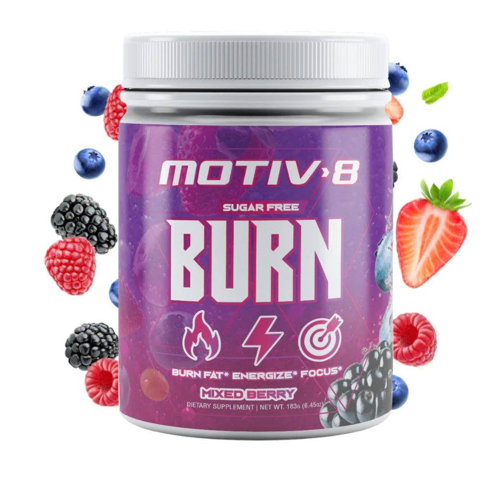 Motiv-8 Pre-Workout tub label with mixed berries flavor and sugar-free energy boost.