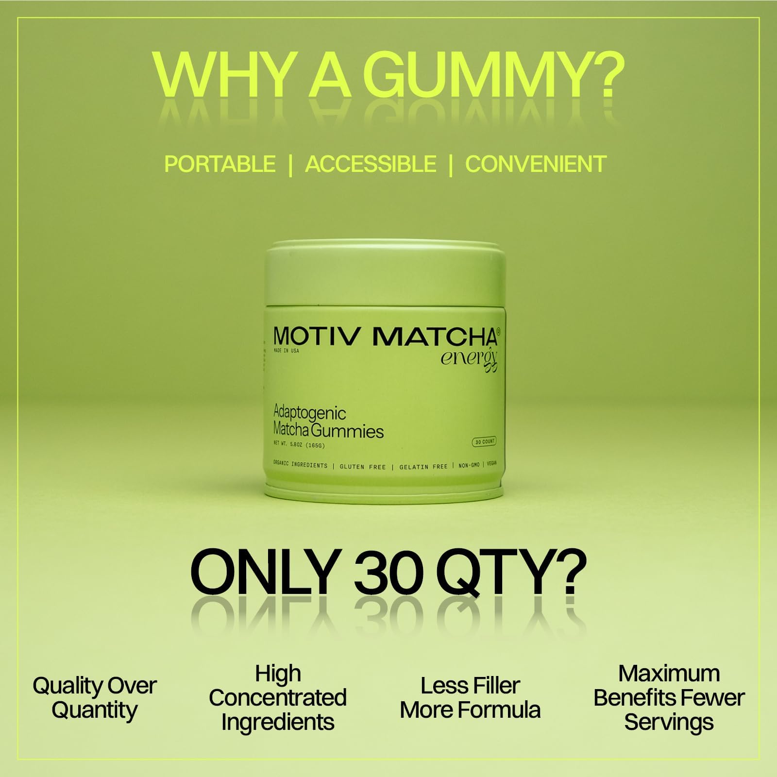 Visual illustrating 300 mg matcha concentrate and adaptogens
