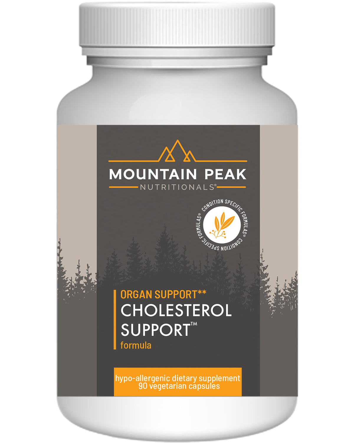 Bottle of Mountain Peak Nutritionals Cholesterol Support Supplement (90 vegetarian capsules).