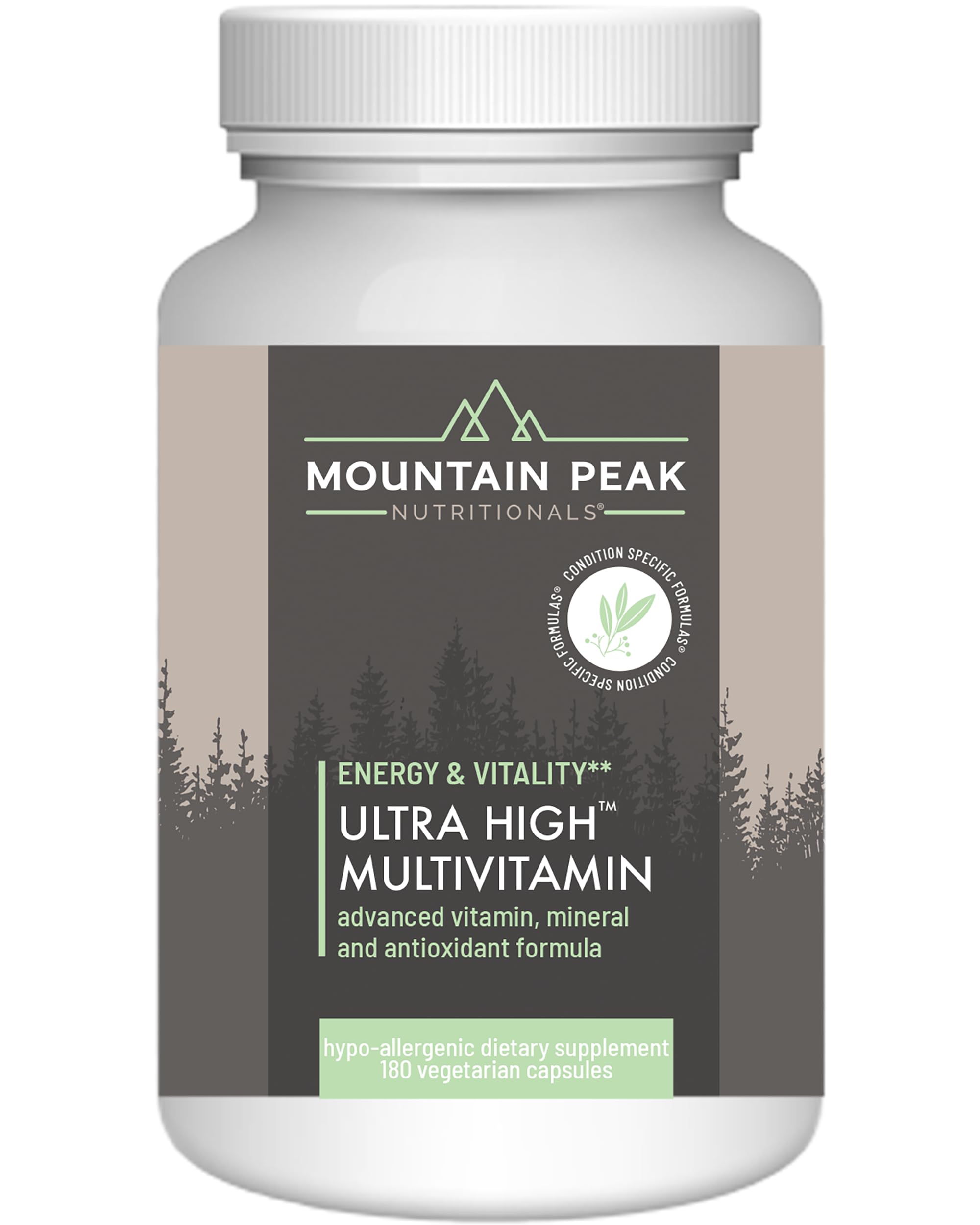 Bottle of Mountain Peak Nutritionals Ultra High Multivitamin for Men and Women, 180 vegetarian capsules
