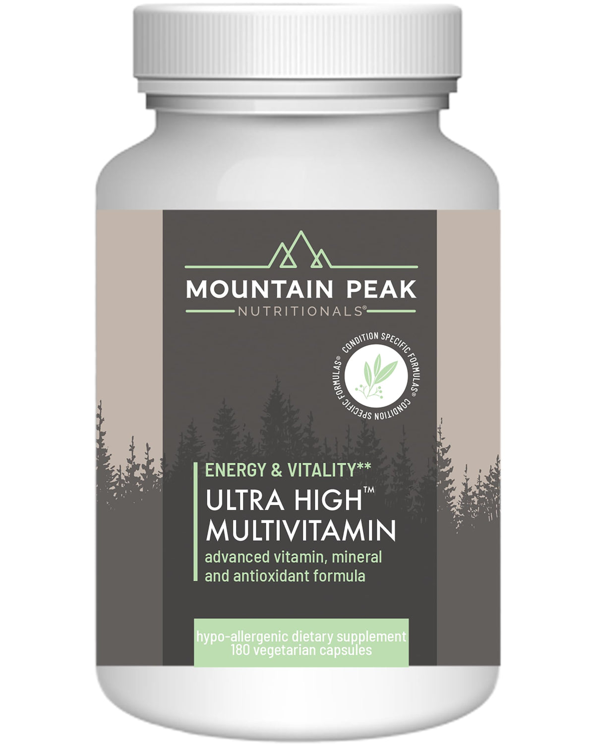 Bottle of Mountain Peak Nutritionals Ultra High Multivitamin for Men and Women, 180 vegetarian capsules