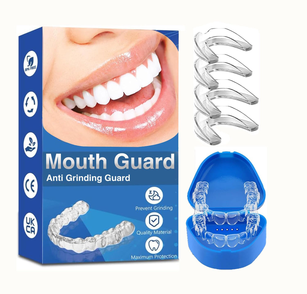 Two-size mouth guard set for teeth grinding at night (small and large).