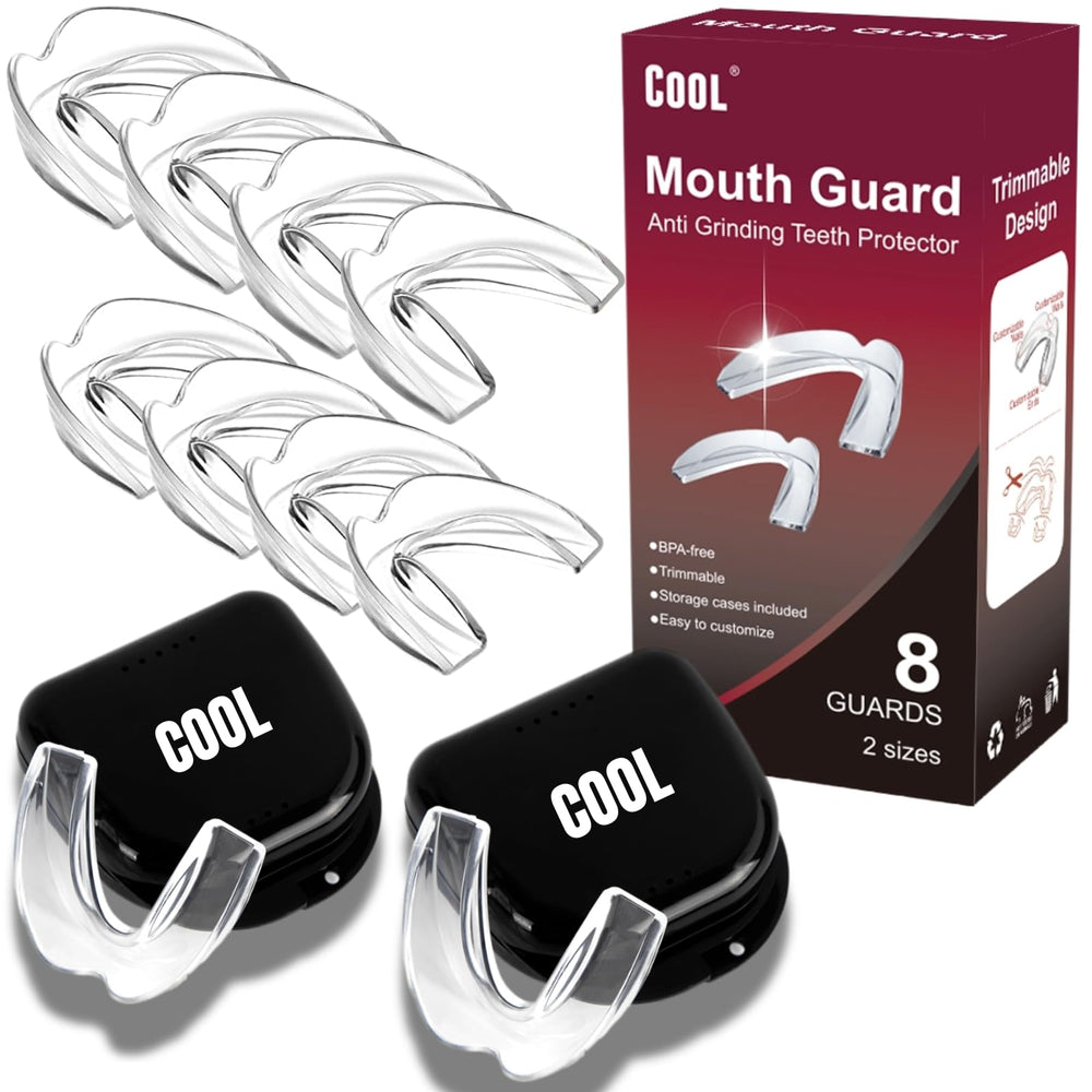 Eight-pack mouth guard set with medium and large sizes for teeth grinding at night