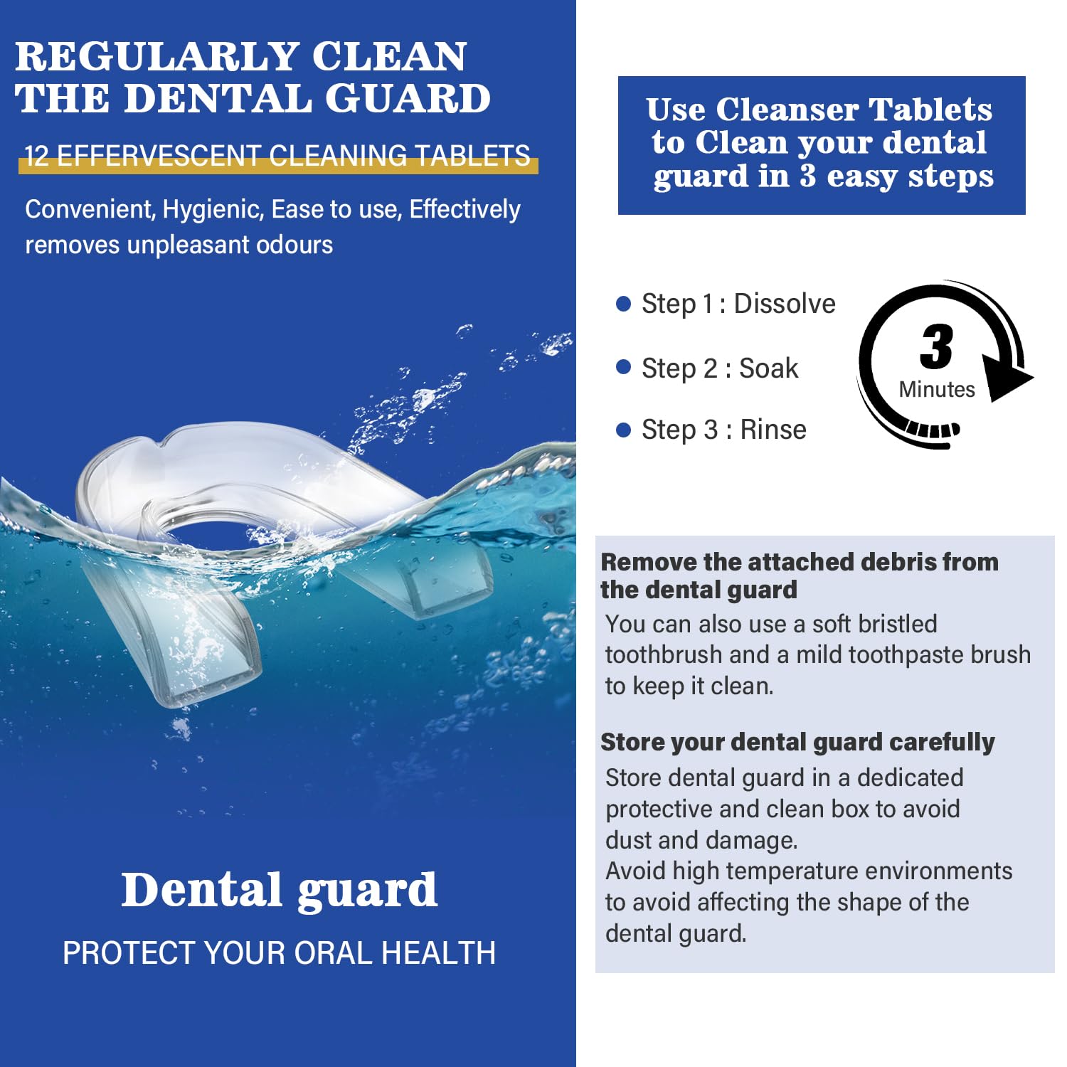 Mouth guard cleaning tablets included for easy maintenance