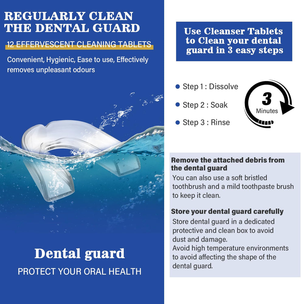 Mouth guard cleaning tablets included for easy maintenance