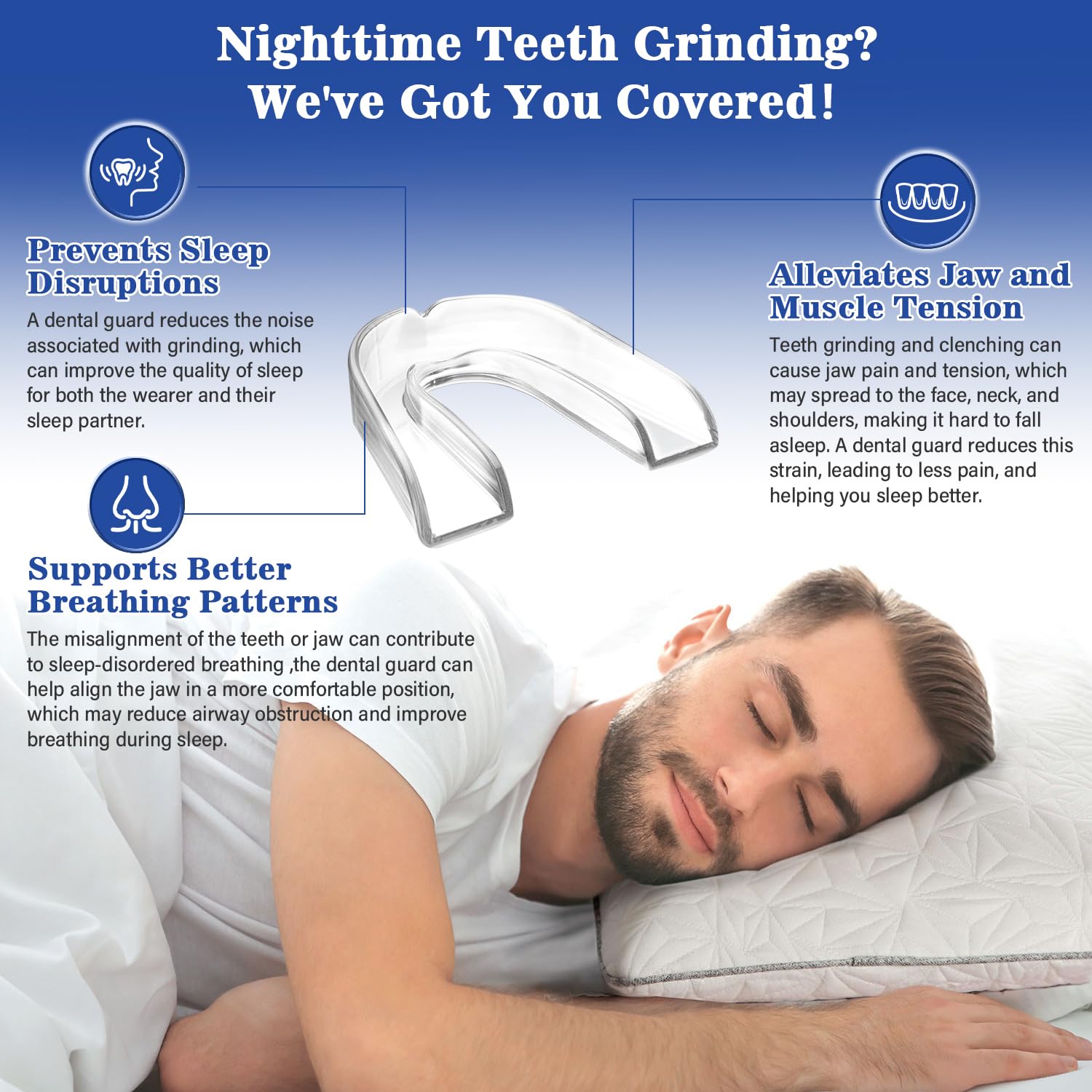 Adult mouth guard with snug fit and included cleaning tablets