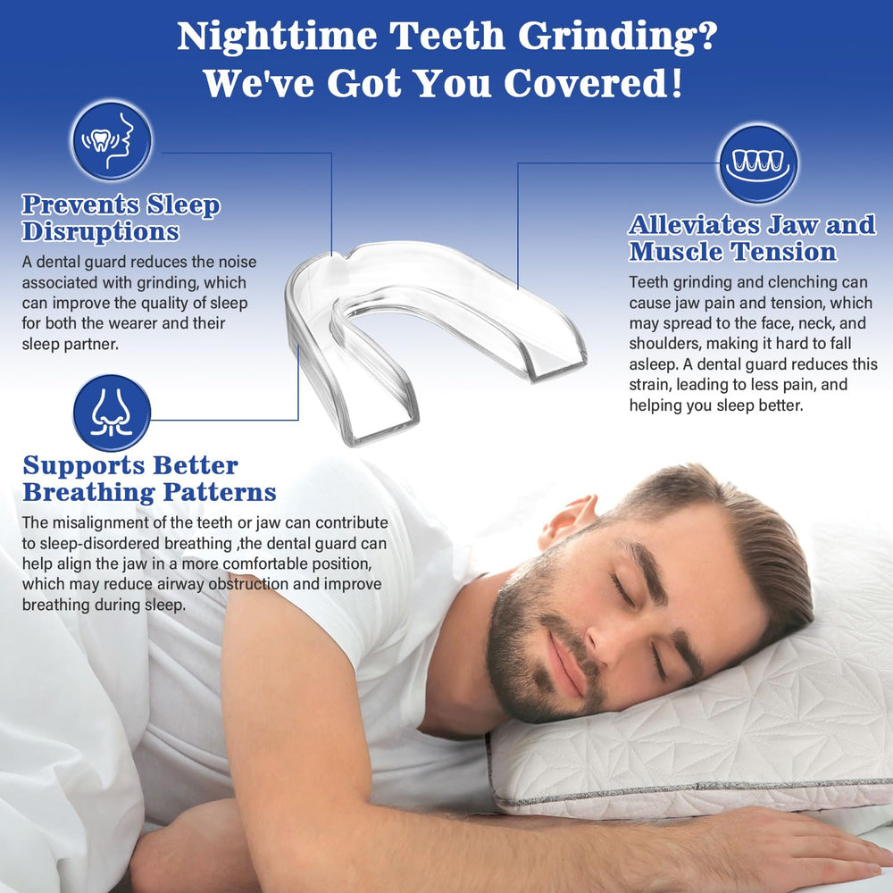 Adult mouth guard with snug fit and included cleaning tablets