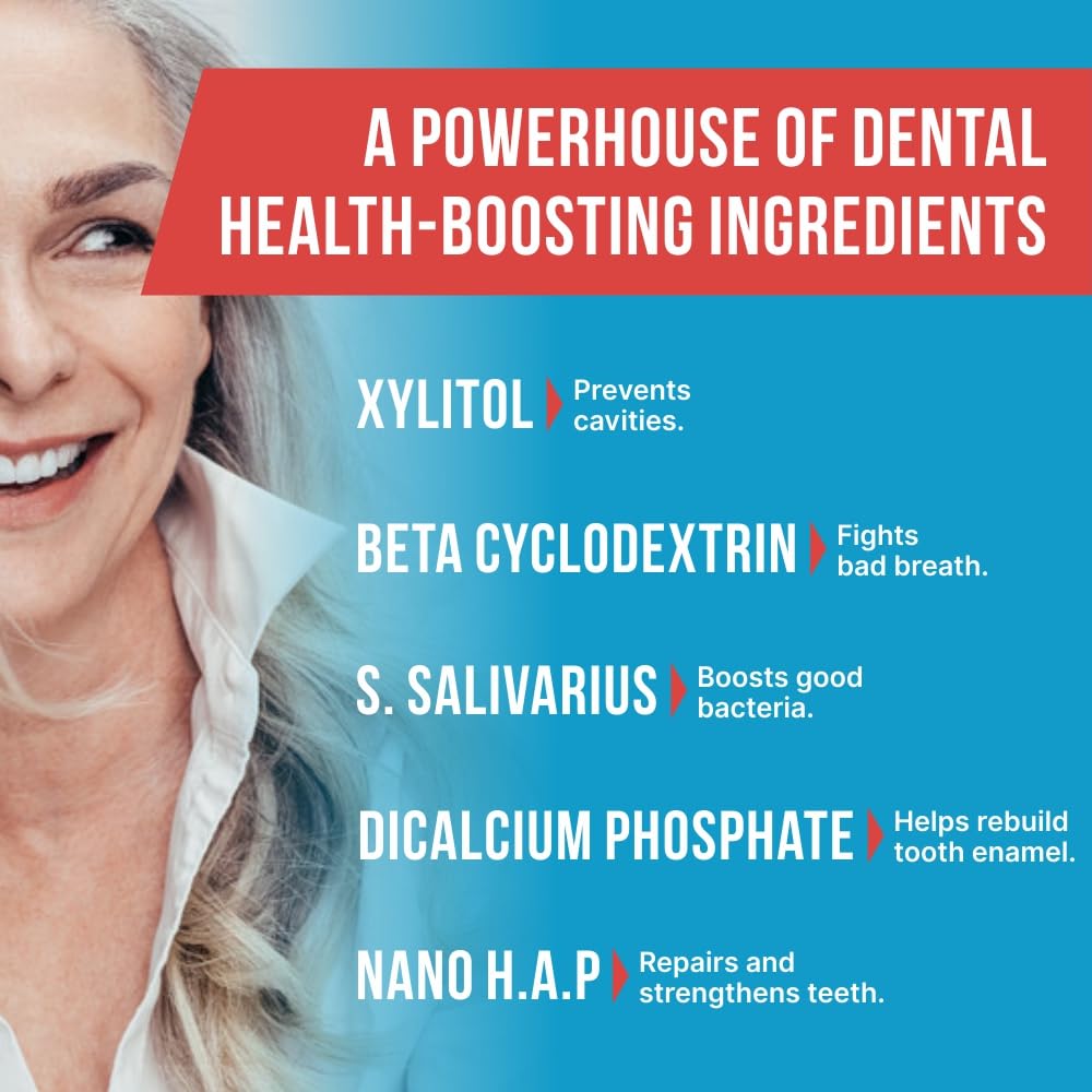 Diagram showing 5-in-1 dental health benefits: enamel remineralization, bacteria reduction, gum support, pH balance, breath freshness