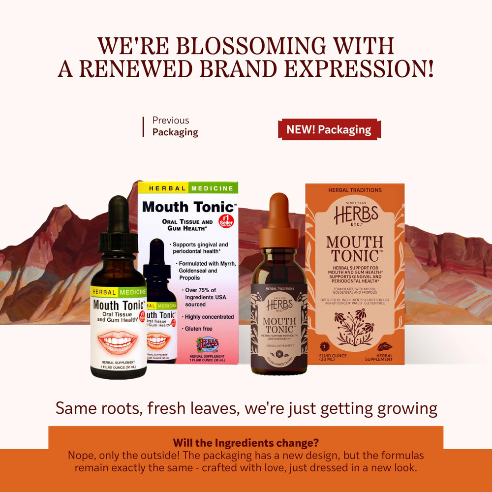Close-up of Mouth Tonic ingredients: Myrrh gum, Goldenseal root and Propolis gum