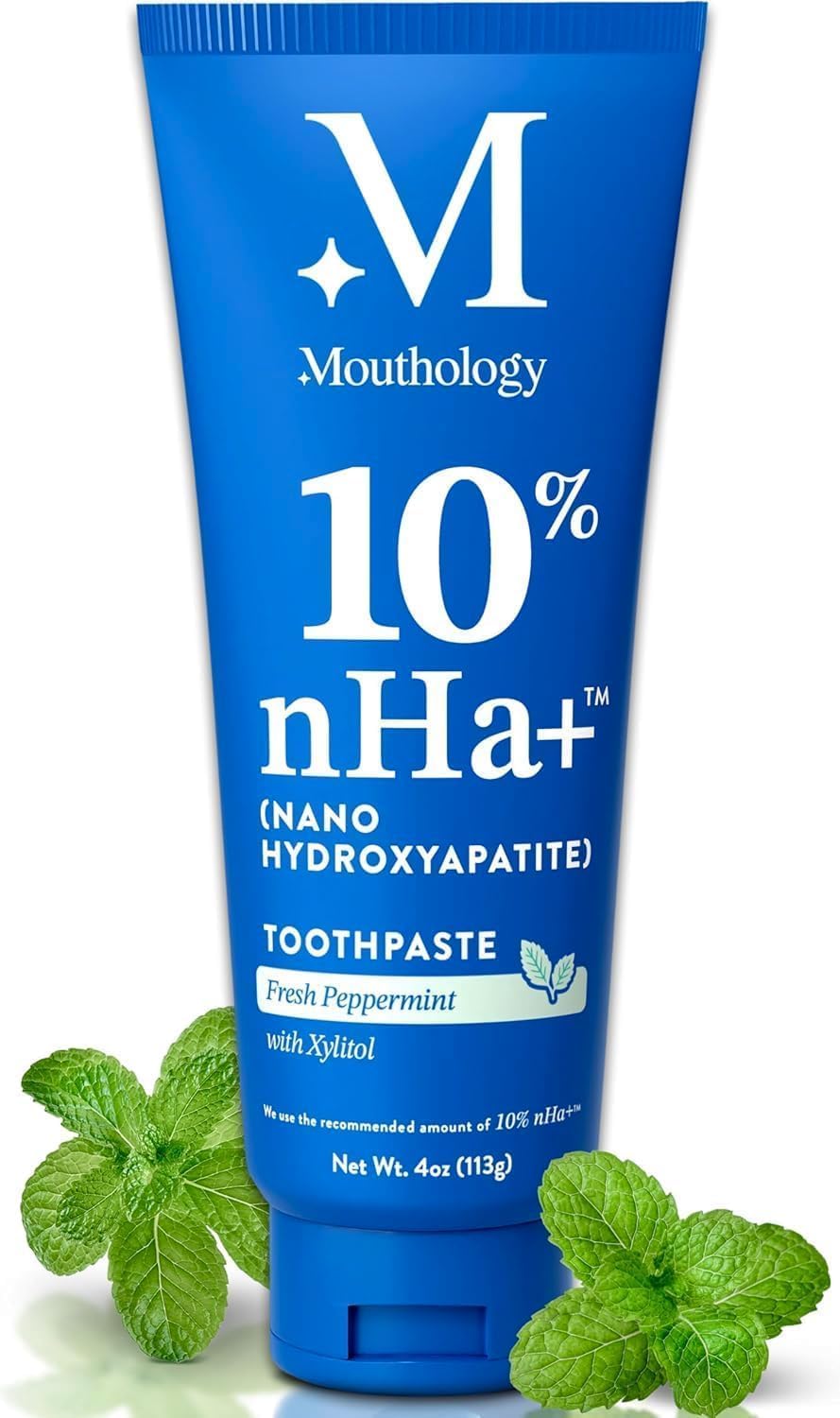 Mouthology toothpaste tube showing 10% nano-hydroxyapatite, fluoride-free, mint flavor, 4oz, USA-made