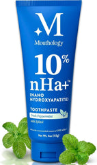 Mouthology toothpaste tube showing 10% nano-hydroxyapatite, fluoride-free, mint flavor, 4oz, USA-made