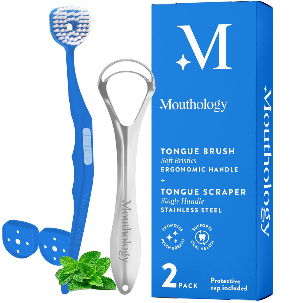 Mouthology Tongue Brush and Scraper combo pack with ergonomic handle and protective cap.