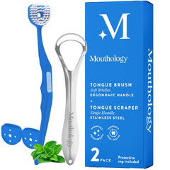 Mouthology Tongue Brush and Scraper combo pack with ergonomic handle and protective cap.