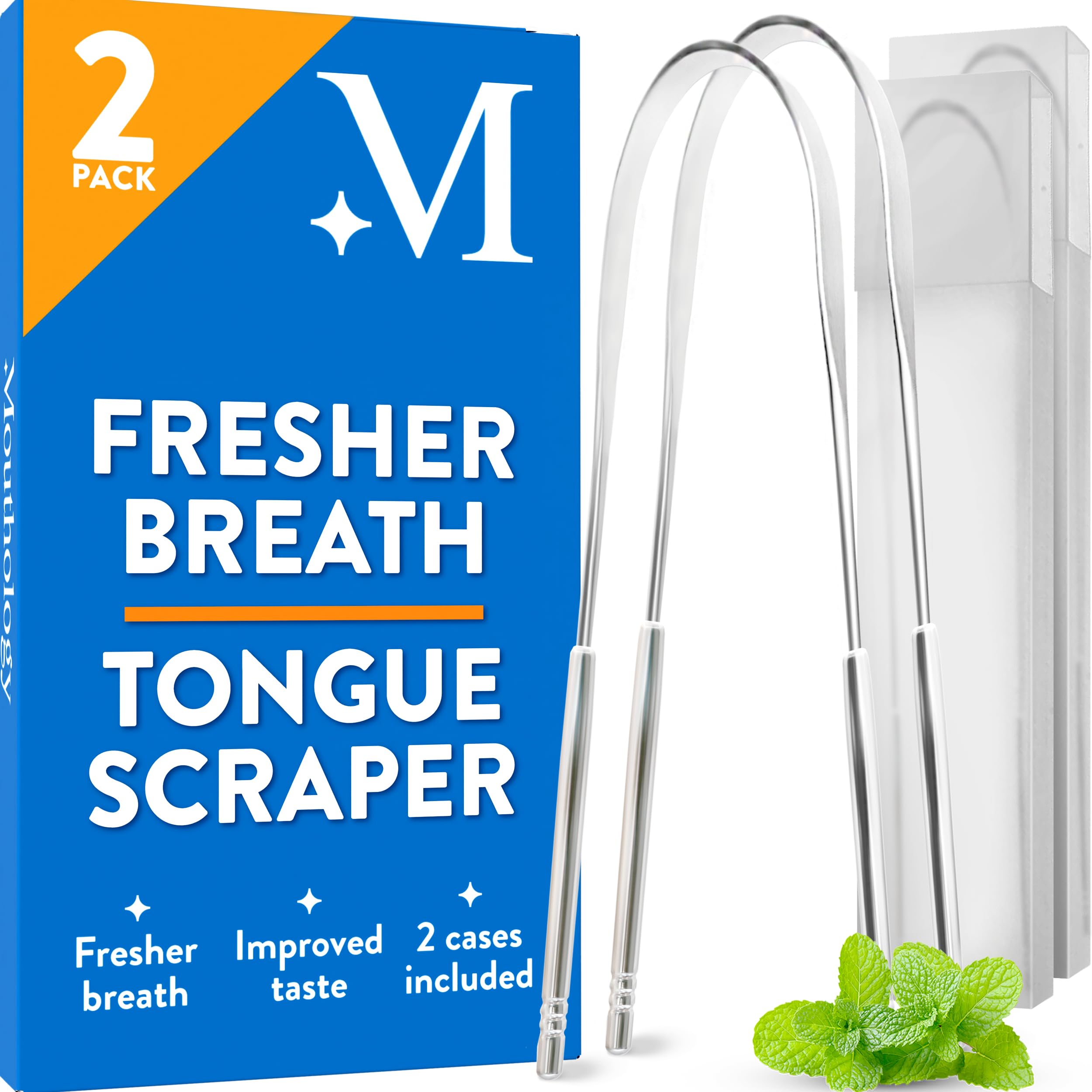 Mouthology Tongue Scraper (2 Pack) with travel case – front view