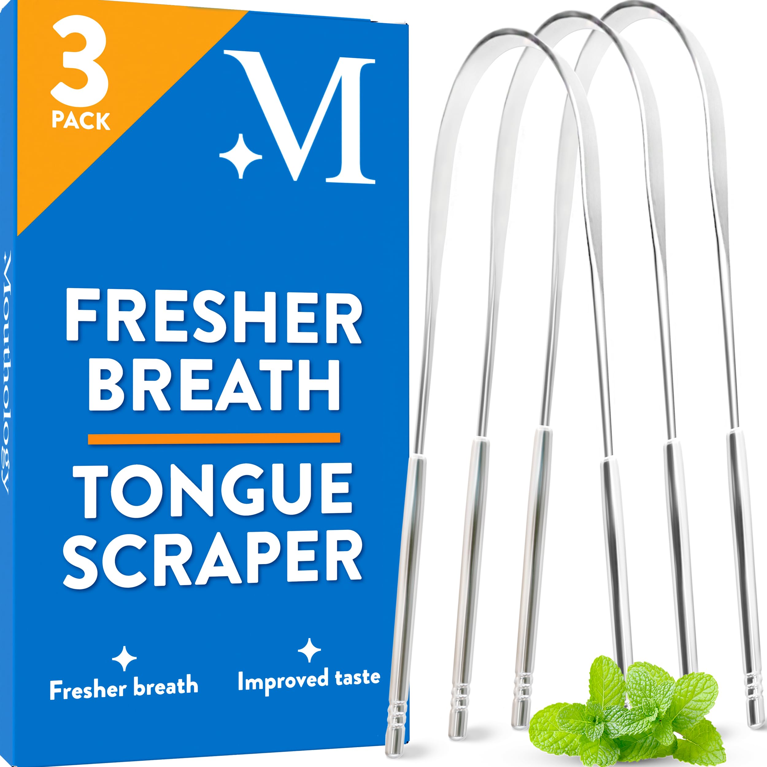 Close-up of a Mouthology stainless steel tongue scraper with dual handle