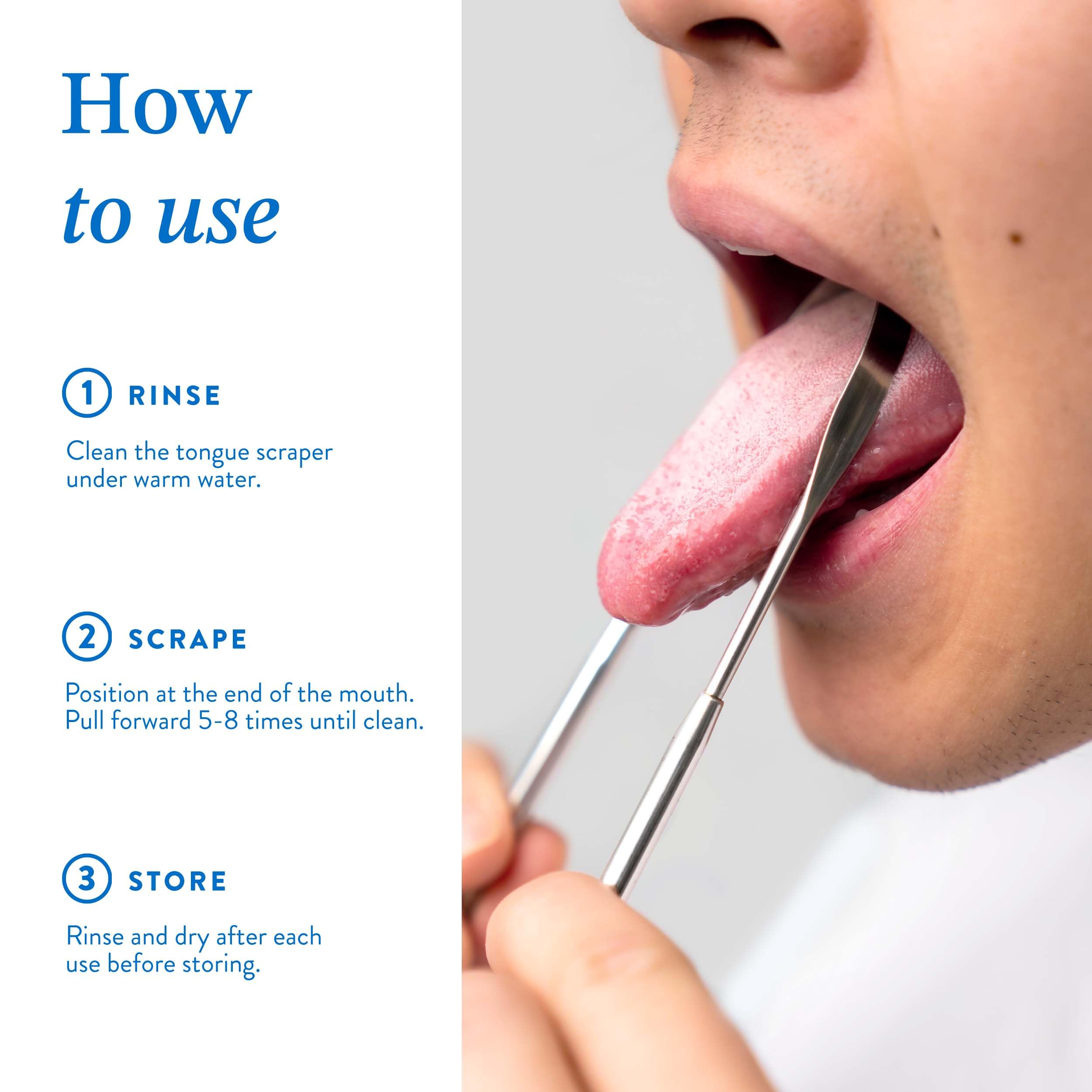 Side view of a Mouthology tongue scraper in use