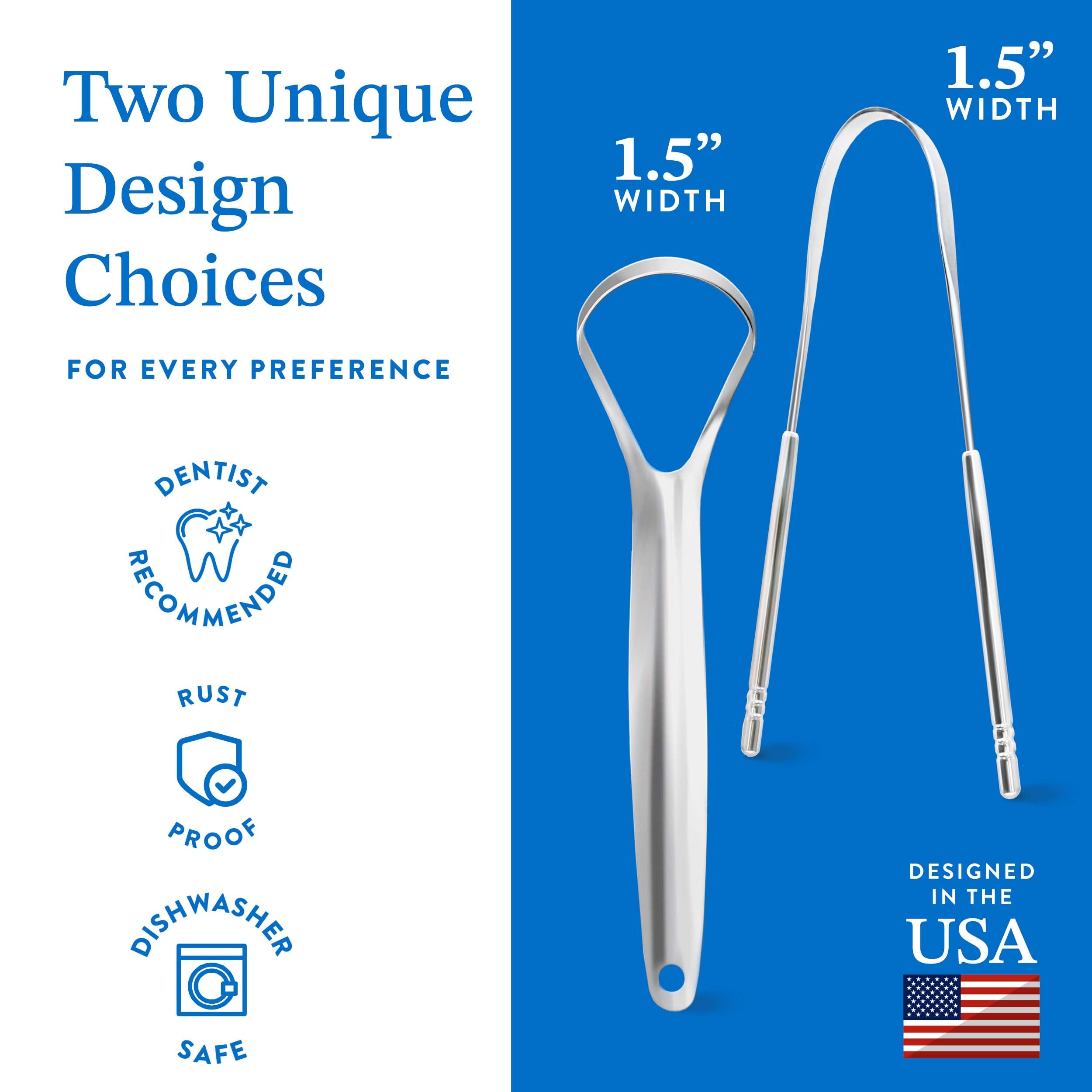 Two different stainless steel tongue scraper designs